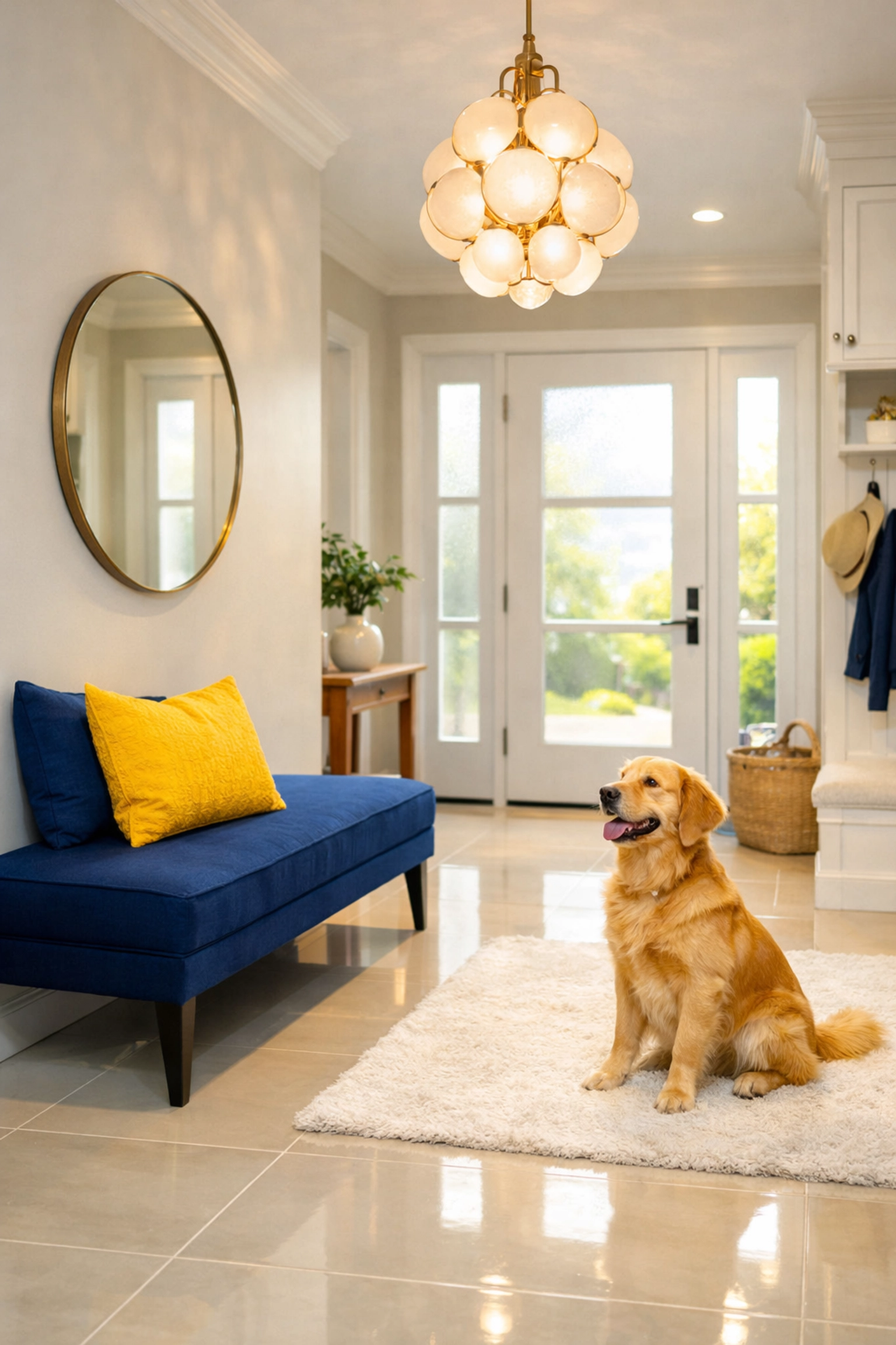 Clean home entryway with a dog, highlighting pet-friendly house cleaning in Westborough.