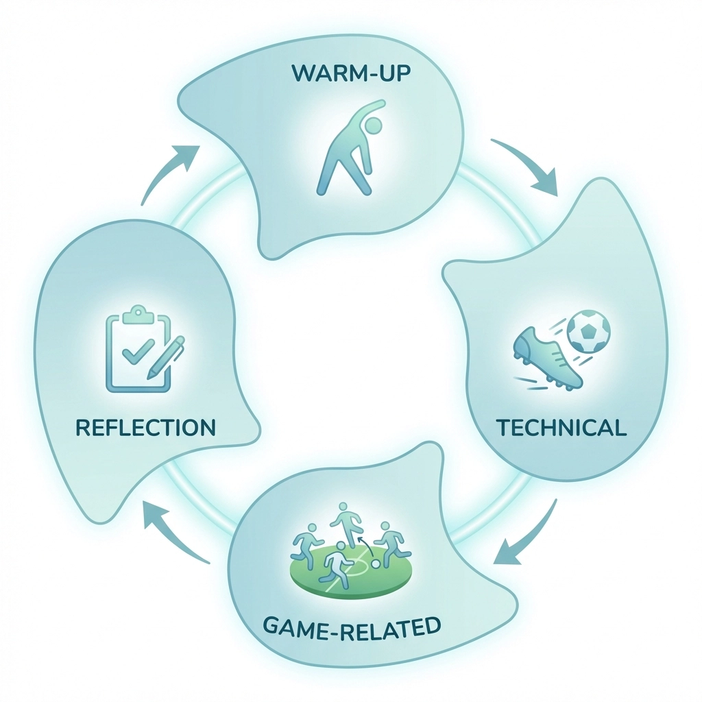 Circular flow diagram showing the four key phases of a structured football training session