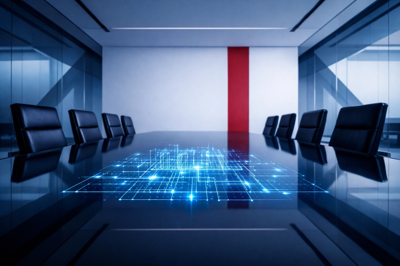 A modern conference room with a digital network blueprint, representing a stable and proactive business IT strategy.