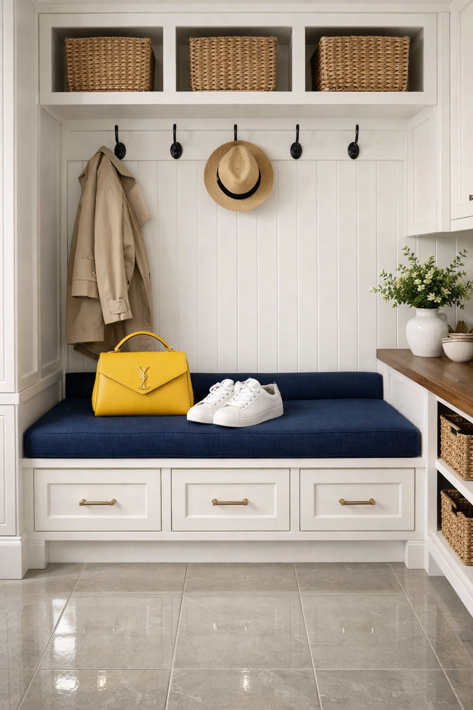 A spotless entryway with polished tile floors, showing the results of bi-weekly house cleaning.