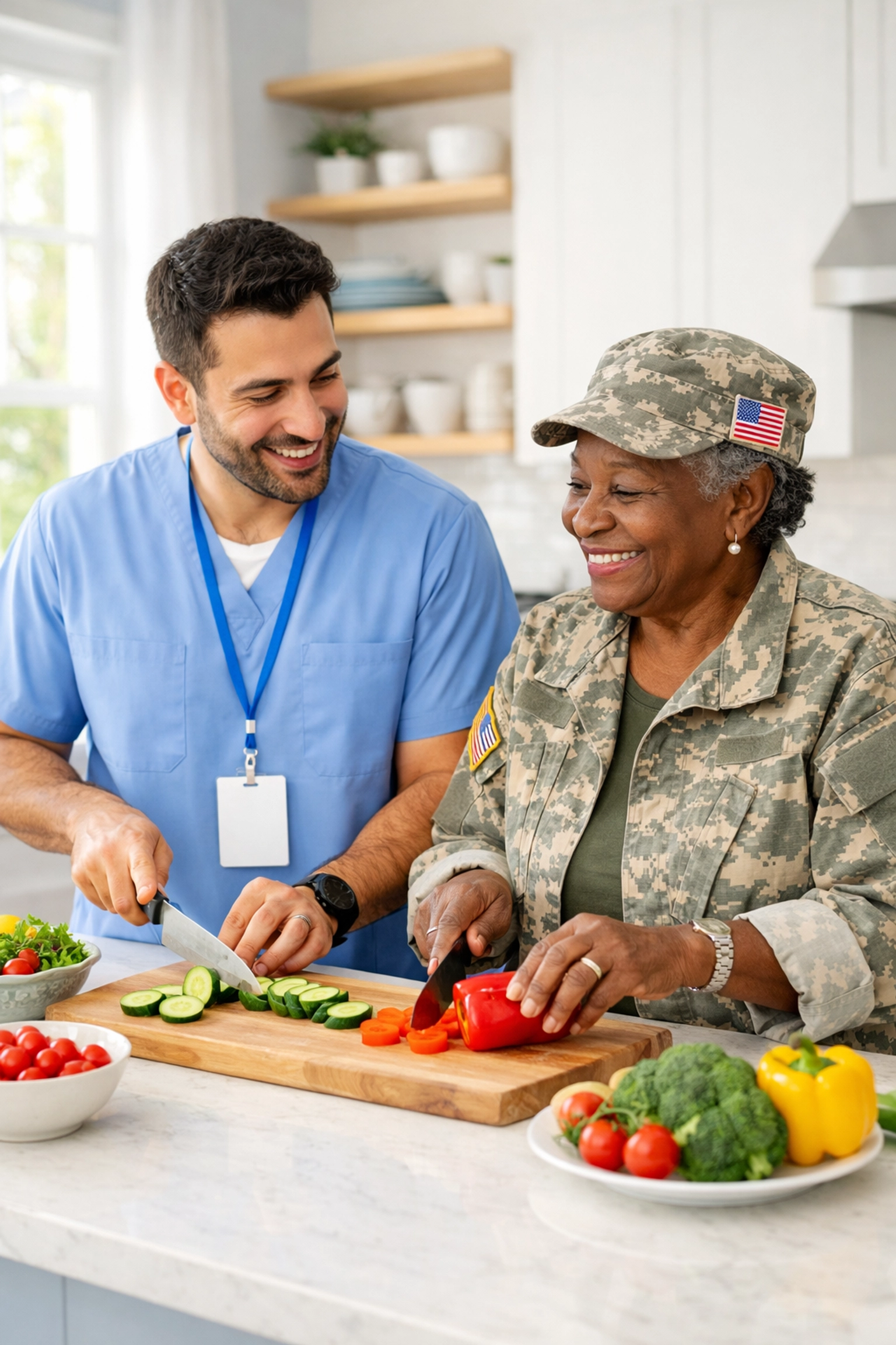 Home care aide helping veteran prepare healthy meal in Warrenton kitchen