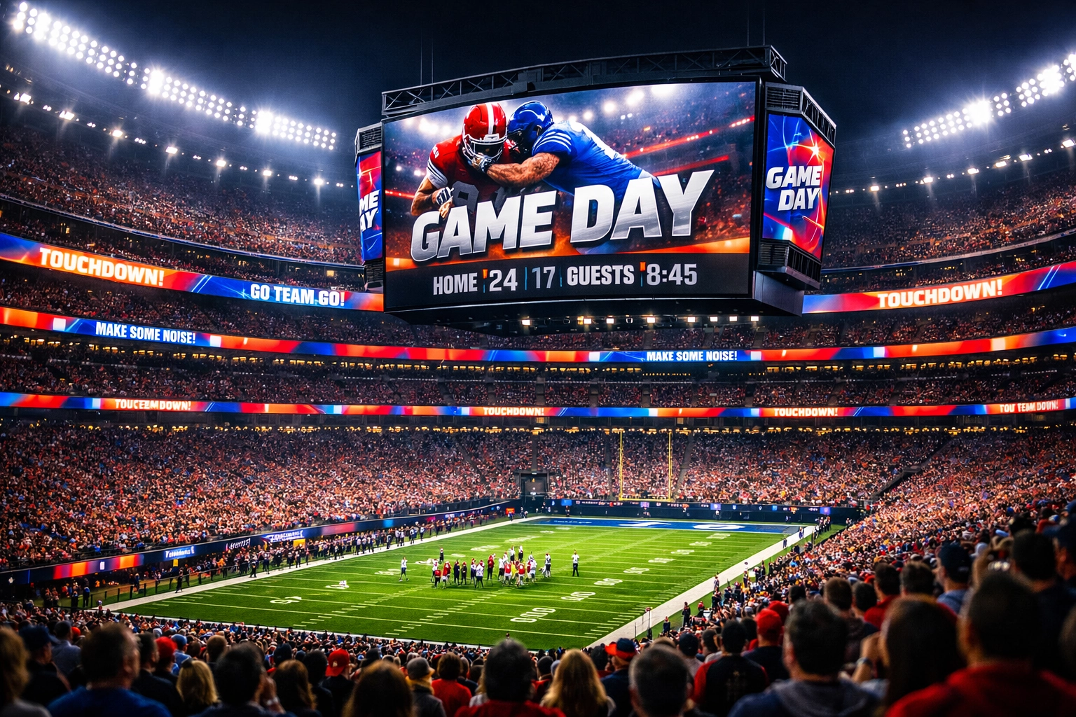 Digital stadium signage and jumbotron displaying sports advertising to a large crowd at a night game.