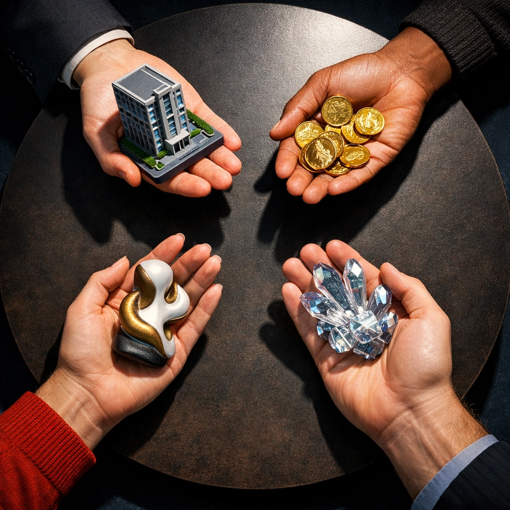 Diverse alternative assets including real estate, commodities, art, and cryptocurrency