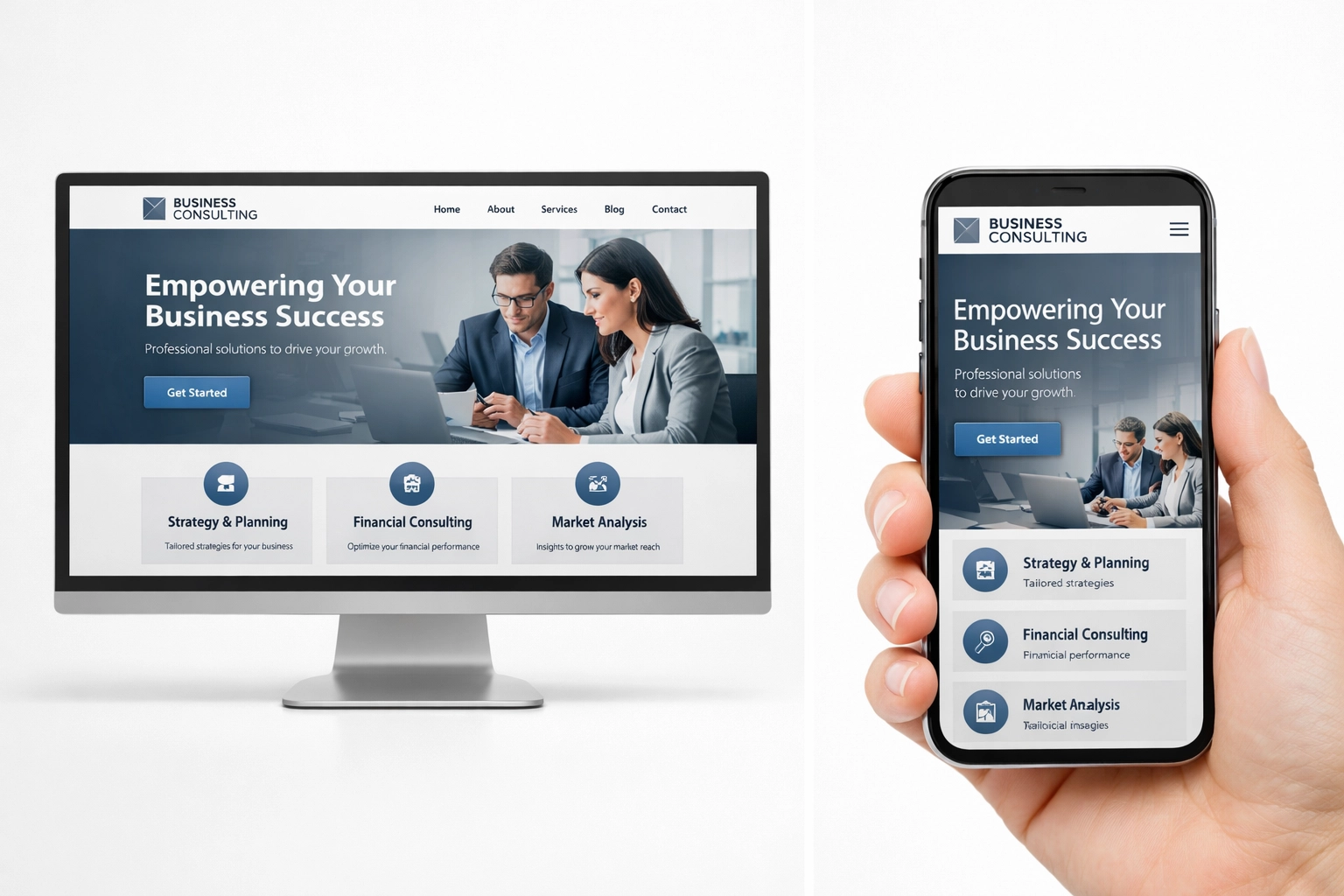 Responsive website design comparison between desktop monitor and mobile smartphone