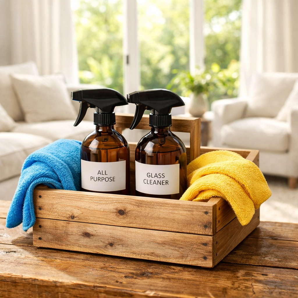 Eco-friendly products used for non-toxic residential cleaning Massachusetts in a luxury living room.