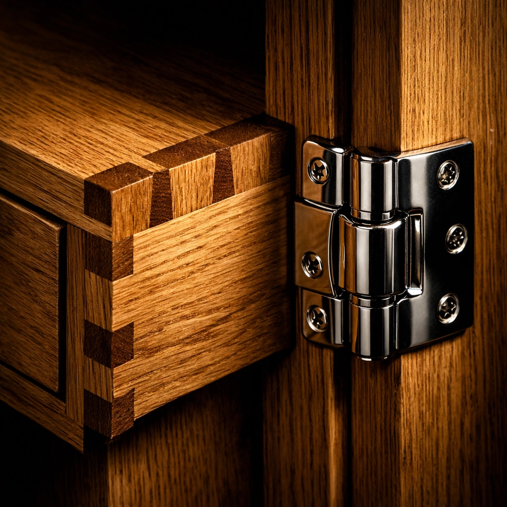 Detailed craftsmanship of a bespoke oak wardrobe featuring a dovetail joint by Swanbourne Construction.