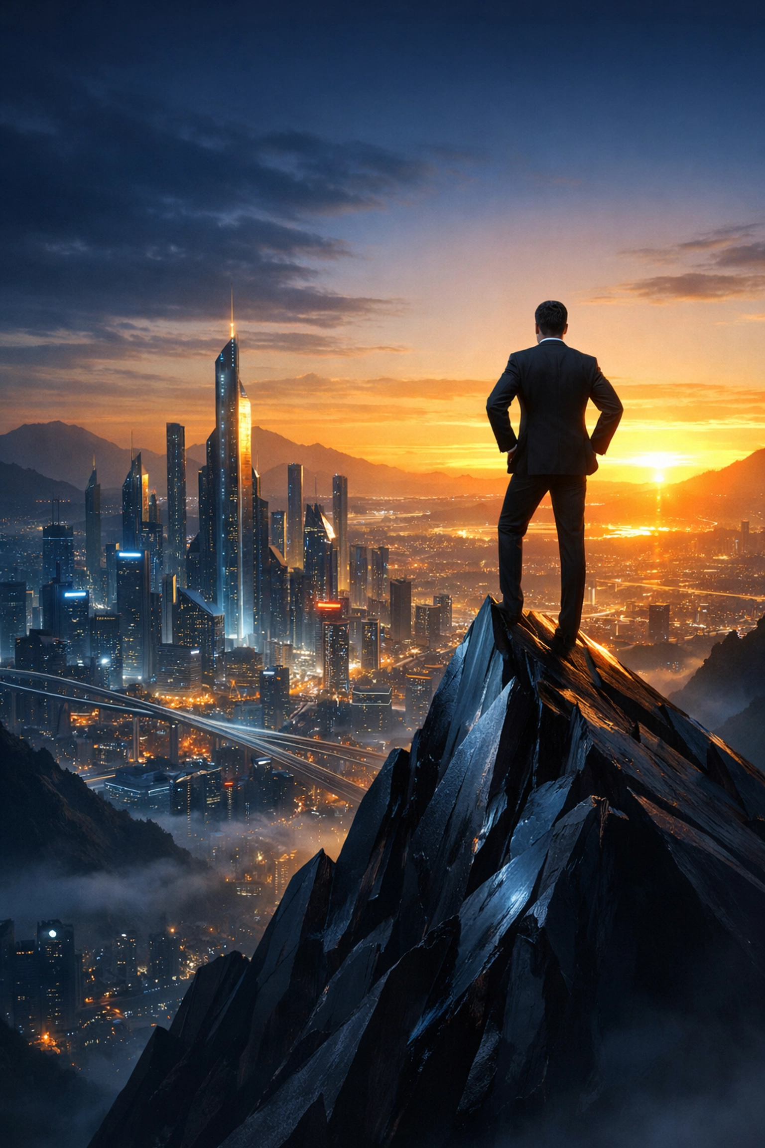 Business leader on a peak at dawn representing mid-week strategic scaling and equipment financing growth.