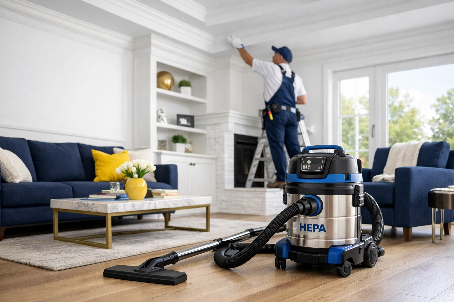 Using a HEPA vacuum and specialized tools for high-level dusting as part of Post-construction Cleaning Northborough.