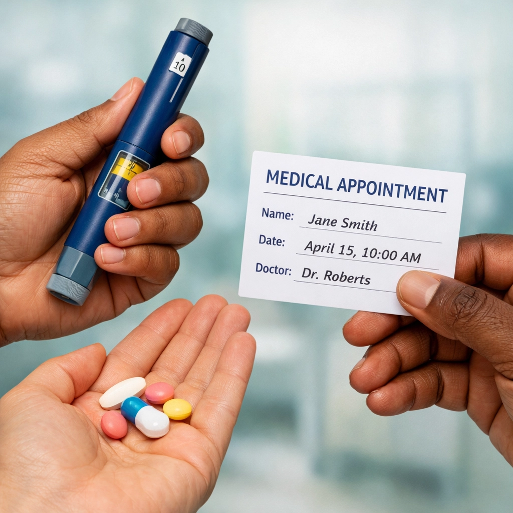 Diverse patients holding different weight loss medication types during medical consultation