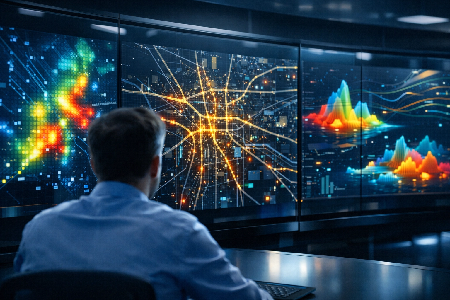 A data analyst viewing real-time urban movement visualizations in a high-tech media control room.