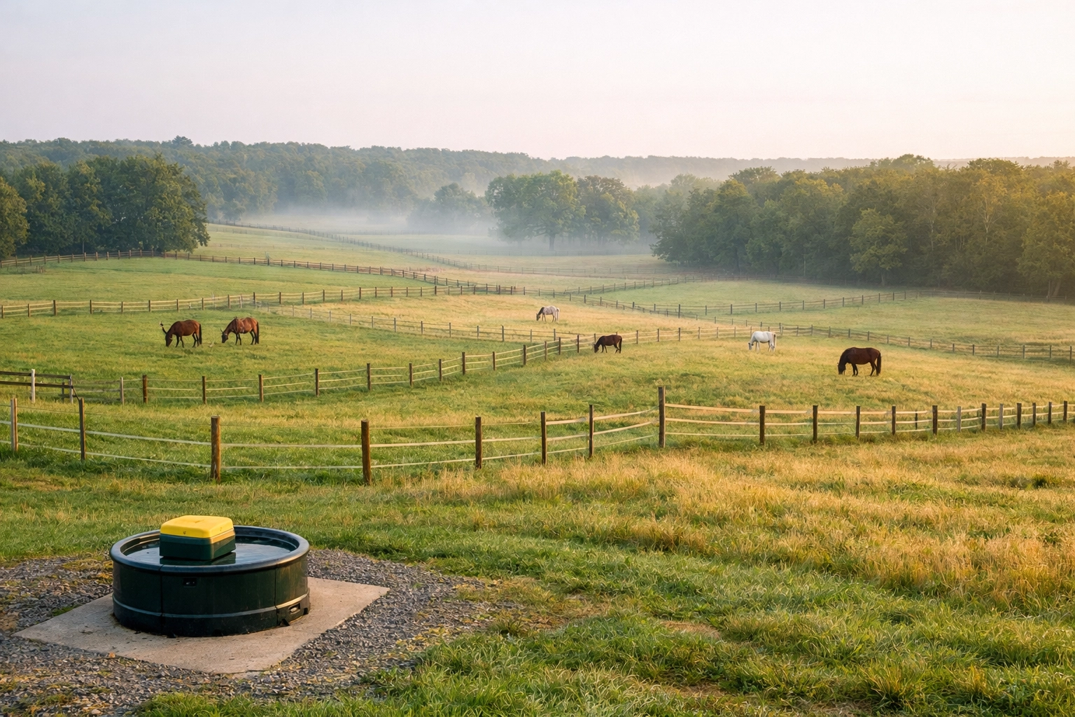 Healthy rotational pastures with proper fencing and horses on Union County horse farm