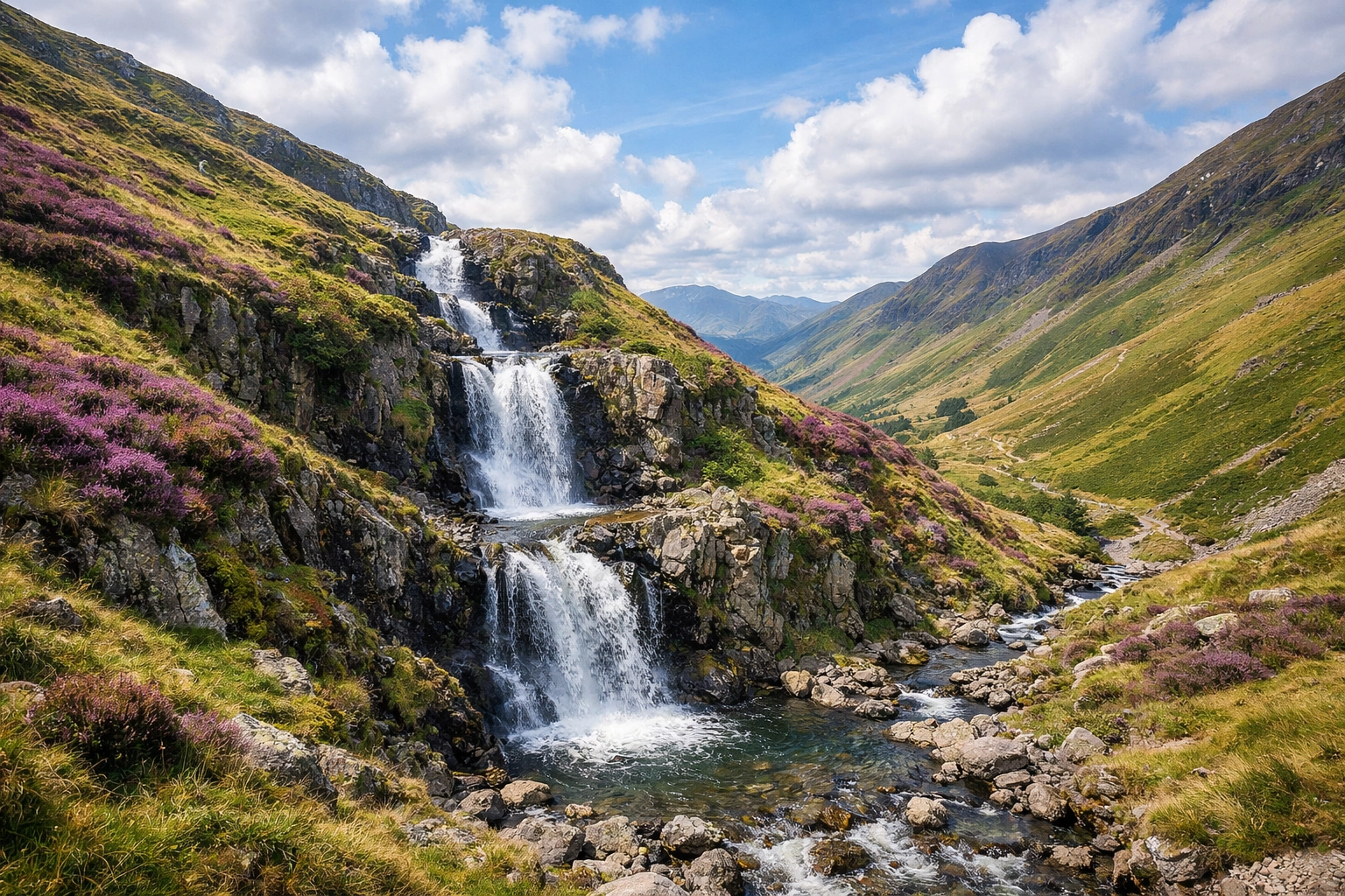 Moss Force waterfall at Newlands Pass, showing multiple tiers in the Lake District landscape.