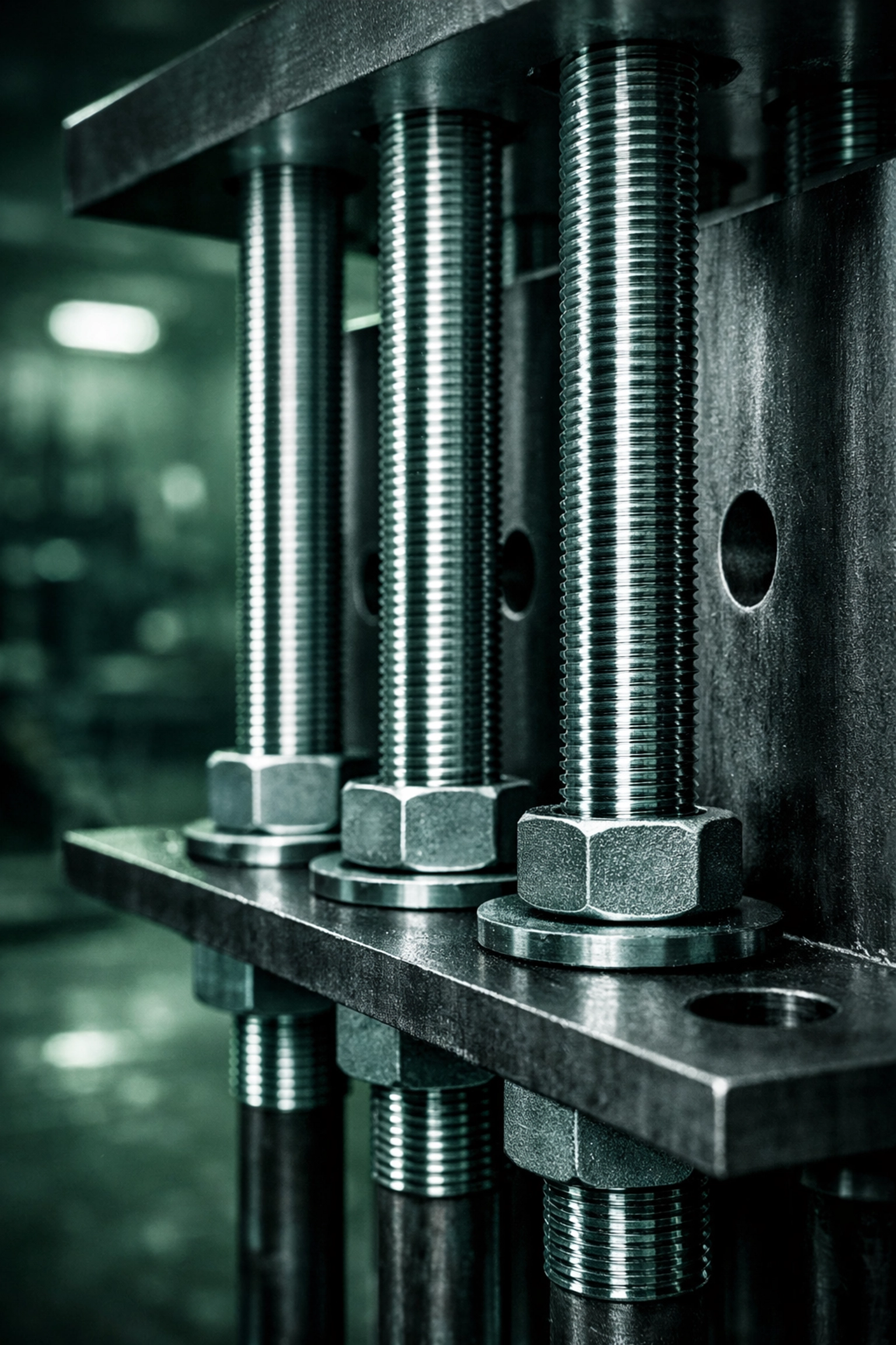 Precision-engineered anchor bolt cage with F1554 bolts for vertical alignment in structural steel foundations.