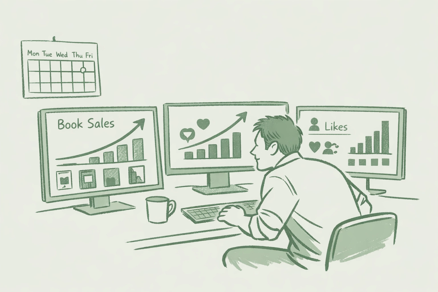 Gay fiction author monitoring real-time book sales analytics and daily revenue on multiple screens