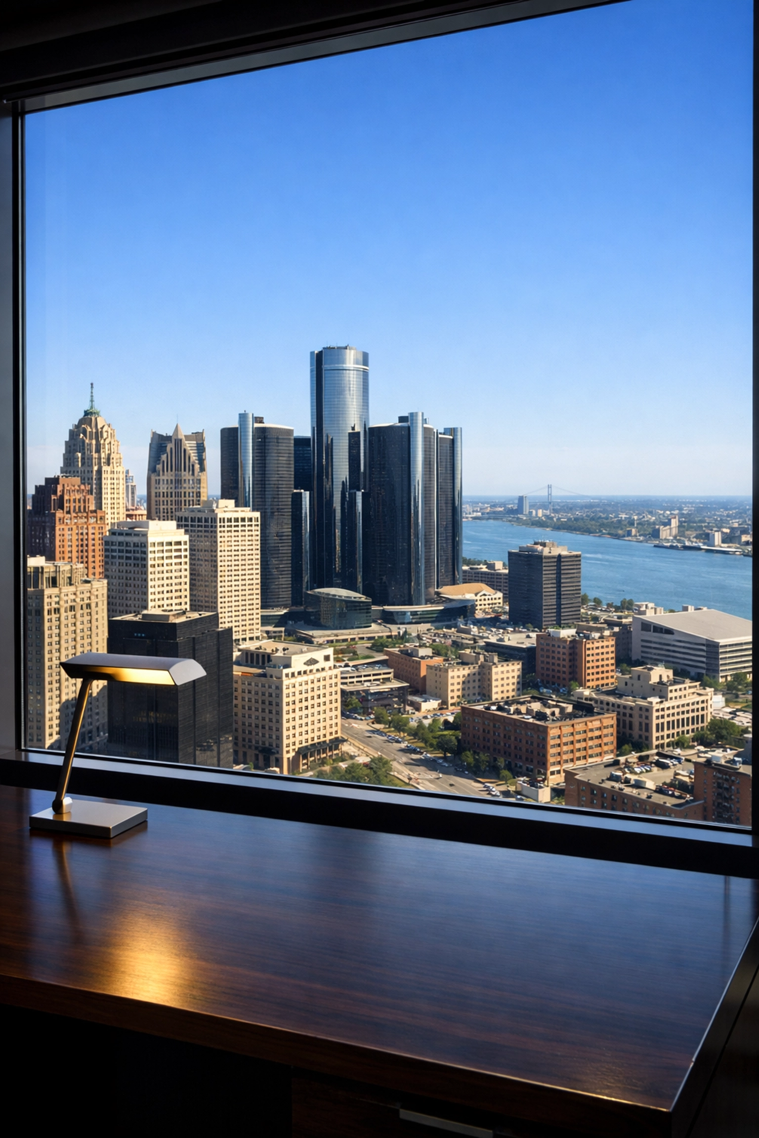 Clean Detroit high-rise office with streak-free windows overlooking the metropolitan skyline.