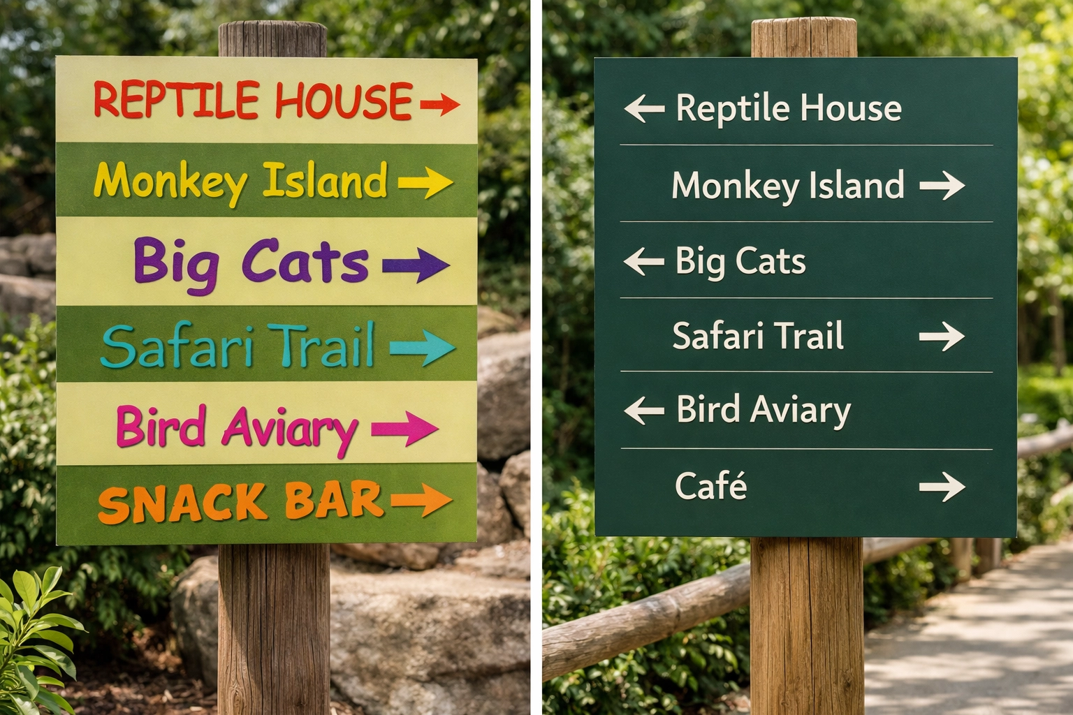 Comparison of outdated and modern typography on zoo wayfinding signage showing visual identity improvement