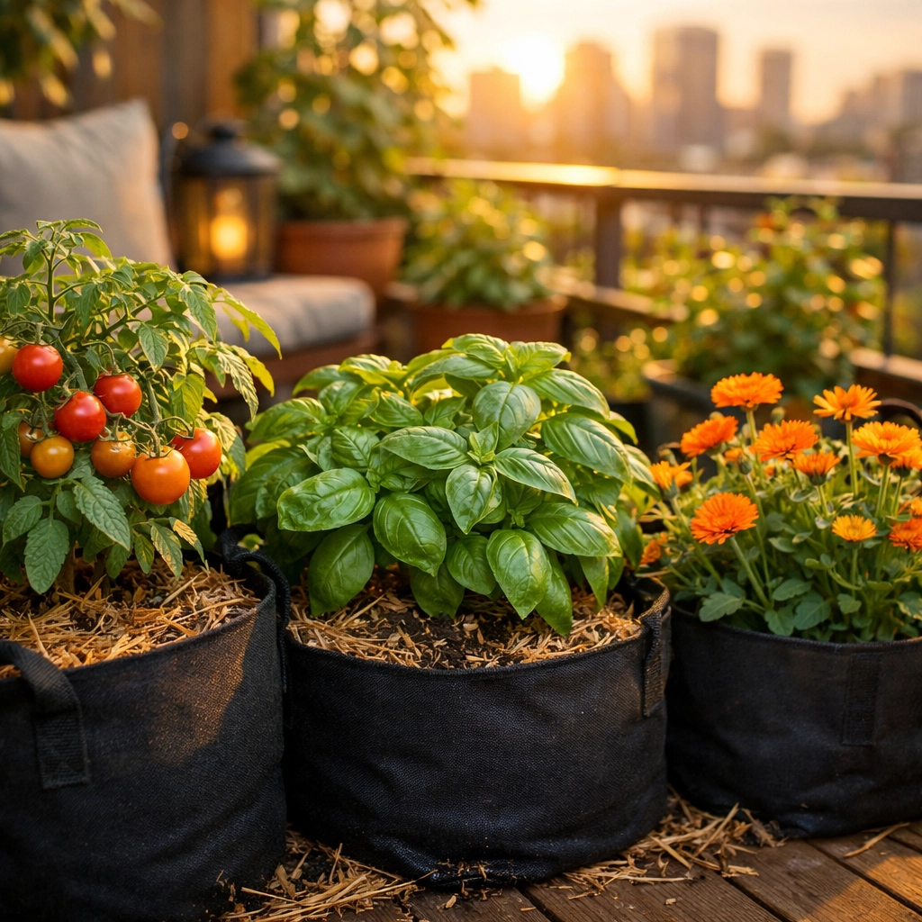 Regenerative patio gardening using living soil in fabric pots for healthy vegetables and herbs.