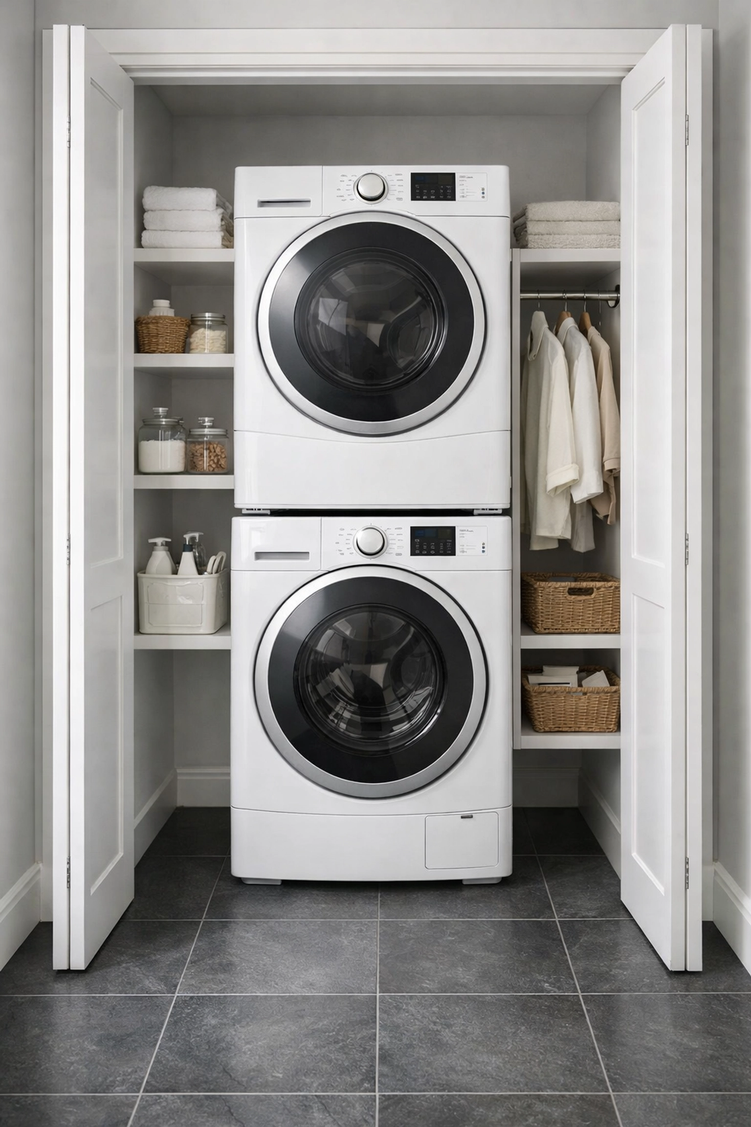 Clean laundry closet with stacked washer and dryer in a modern Midwest apartment building turnover.