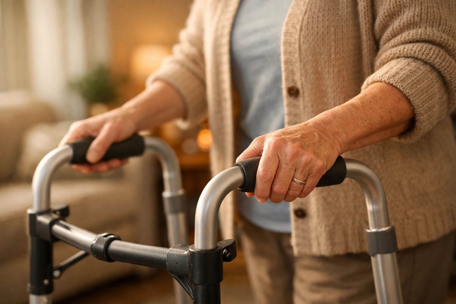 A safe grip on walker handles with a slight elbow bend for optimal support and control.