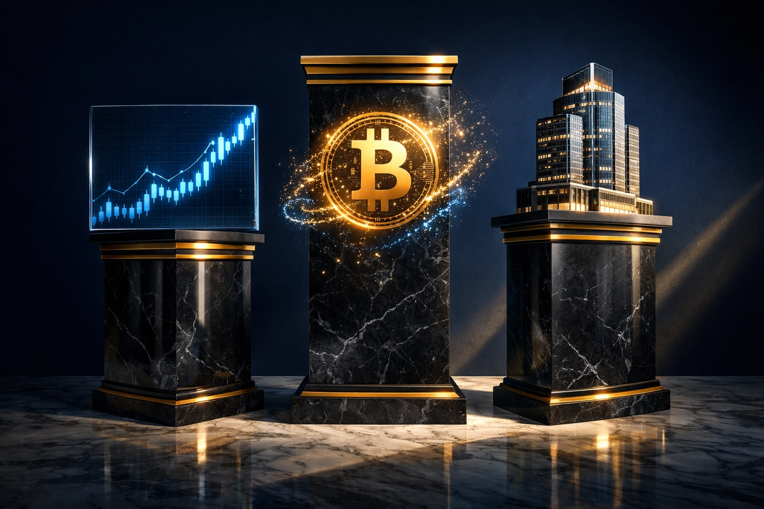 Three pillars representing 40/30/30 portfolio allocation: equities, digital assets, and private equity