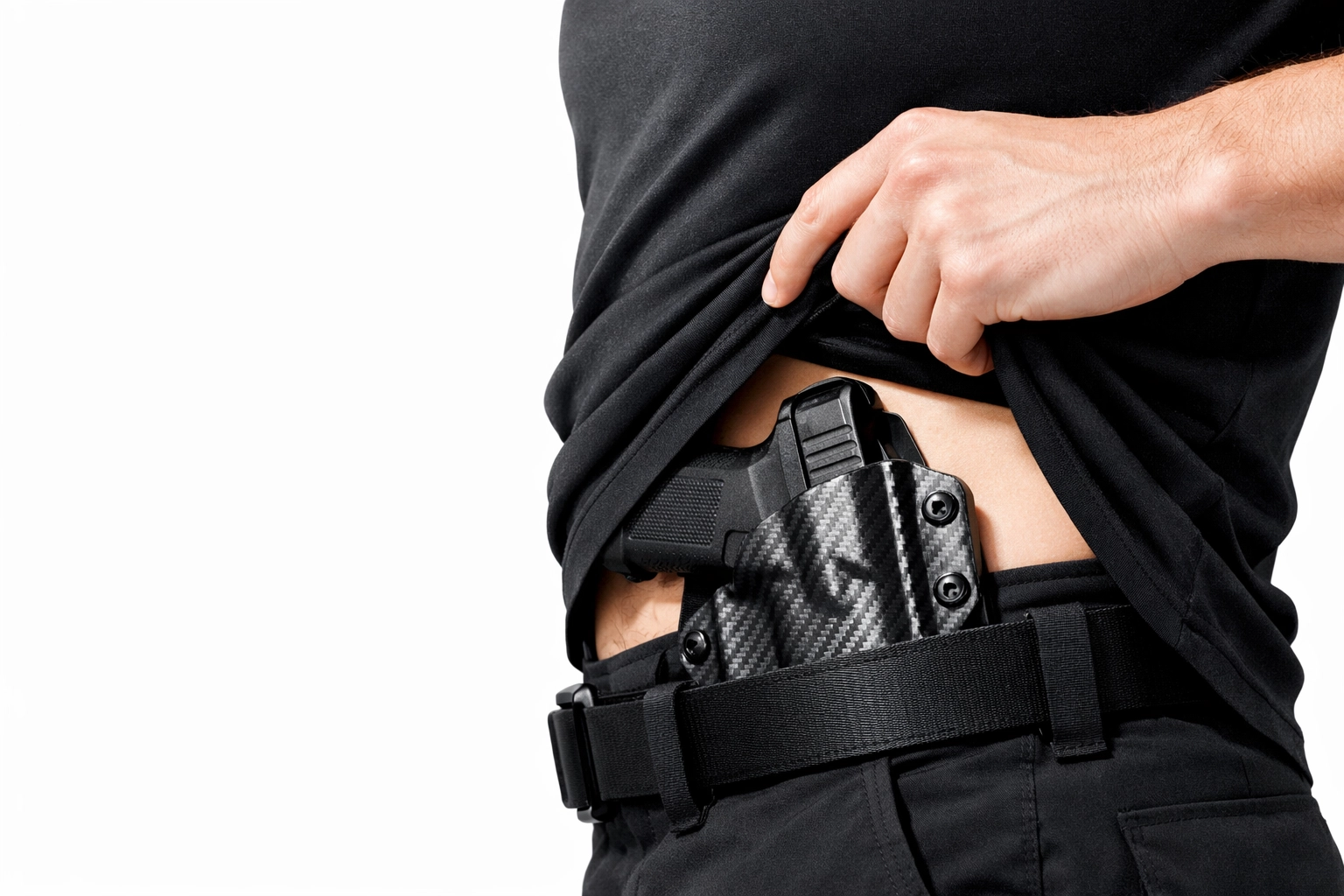 Close-up of a tactical athlete testing holster access with performance activewear.