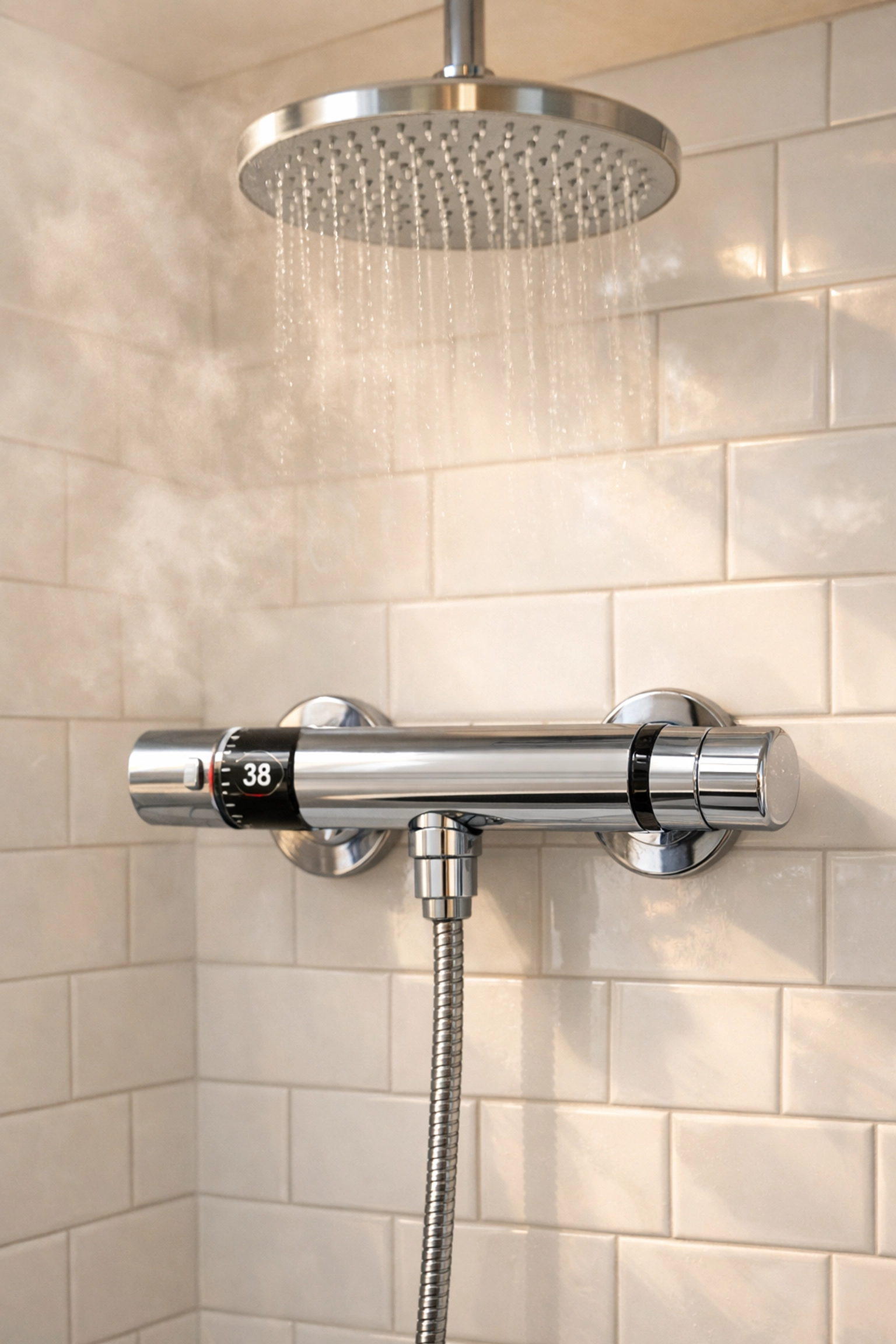 Anti-scald shower valve mounted on bathroom wall to control water temperature