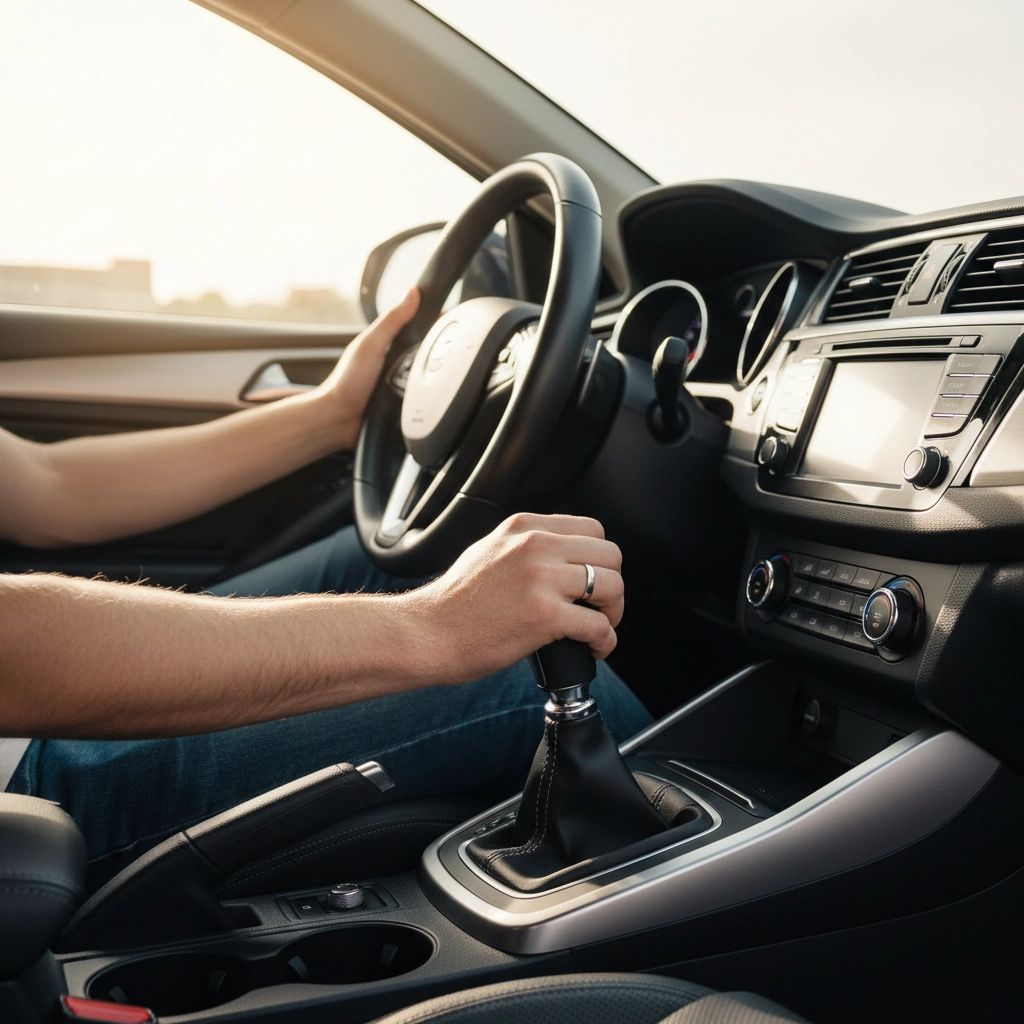 Hands on steering wheel and gear shift inside a car, sunny day outside. Dashboard is visible with buttons and screen, modern interior. Driving lessons Burton.