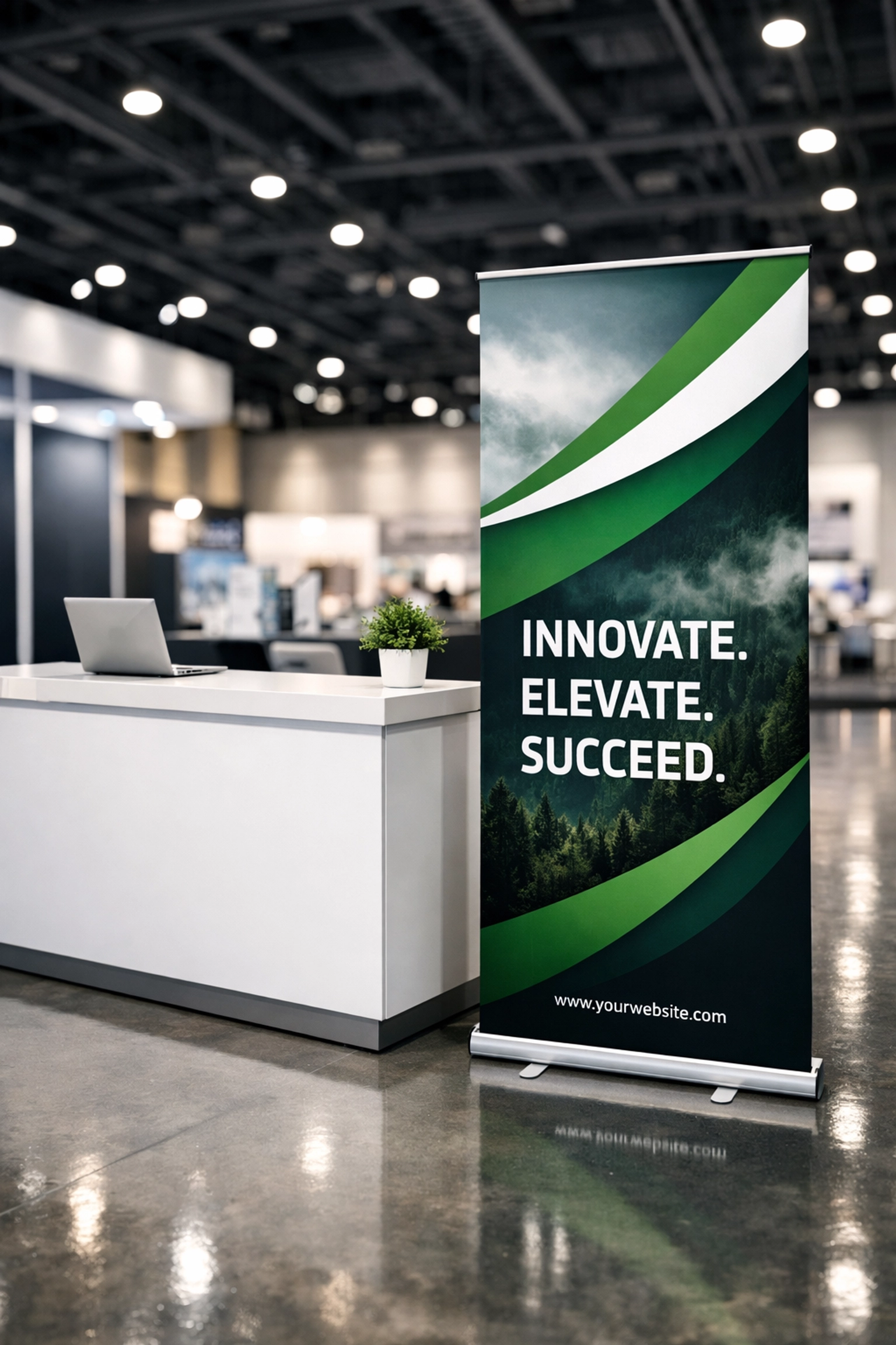 High-quality pop-up banner and professional promotional materials in a modern trade show booth setting.