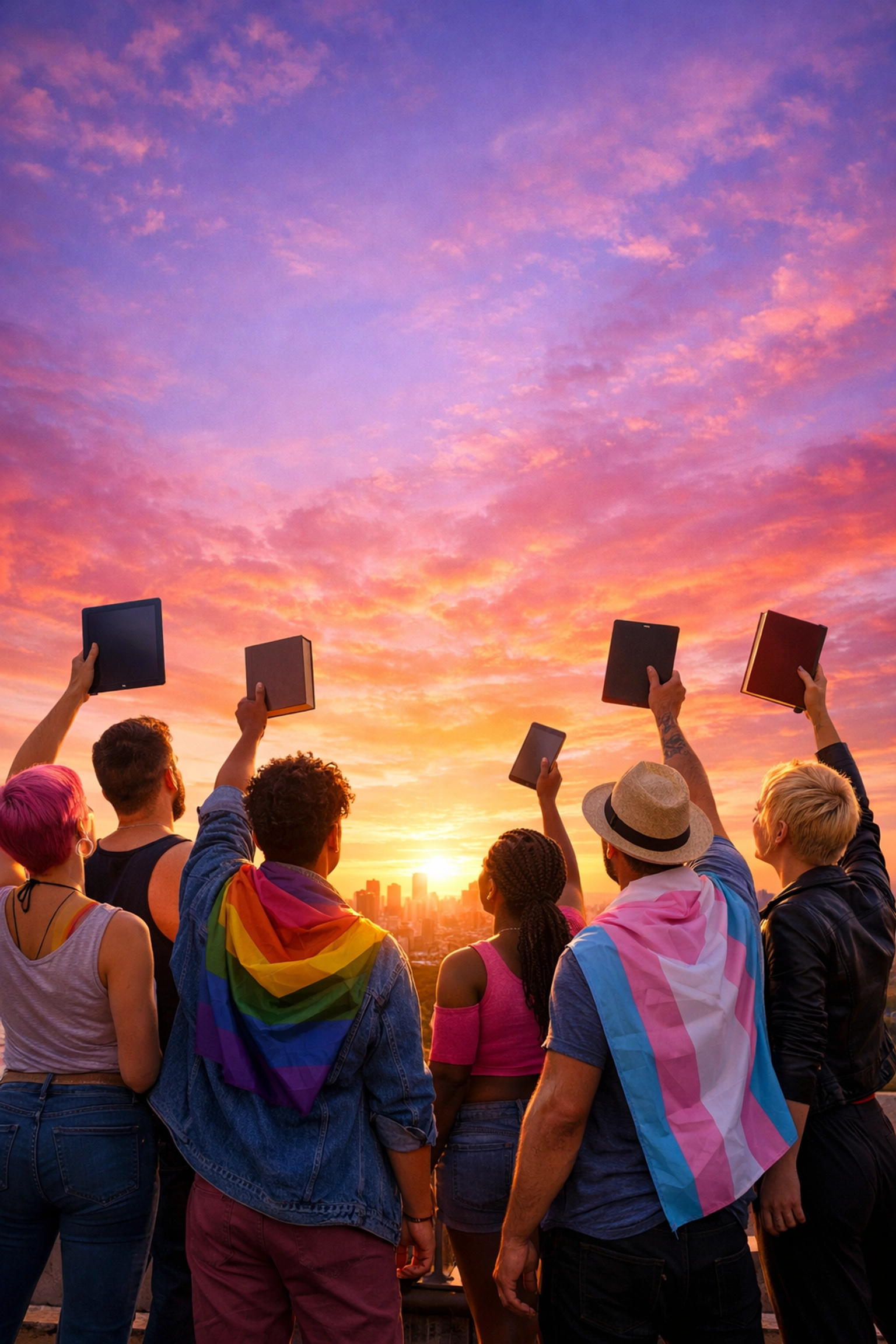 Diverse queer authors celebrating the future of LGBTQ+ publishing and the gay fiction revolution at dawn.