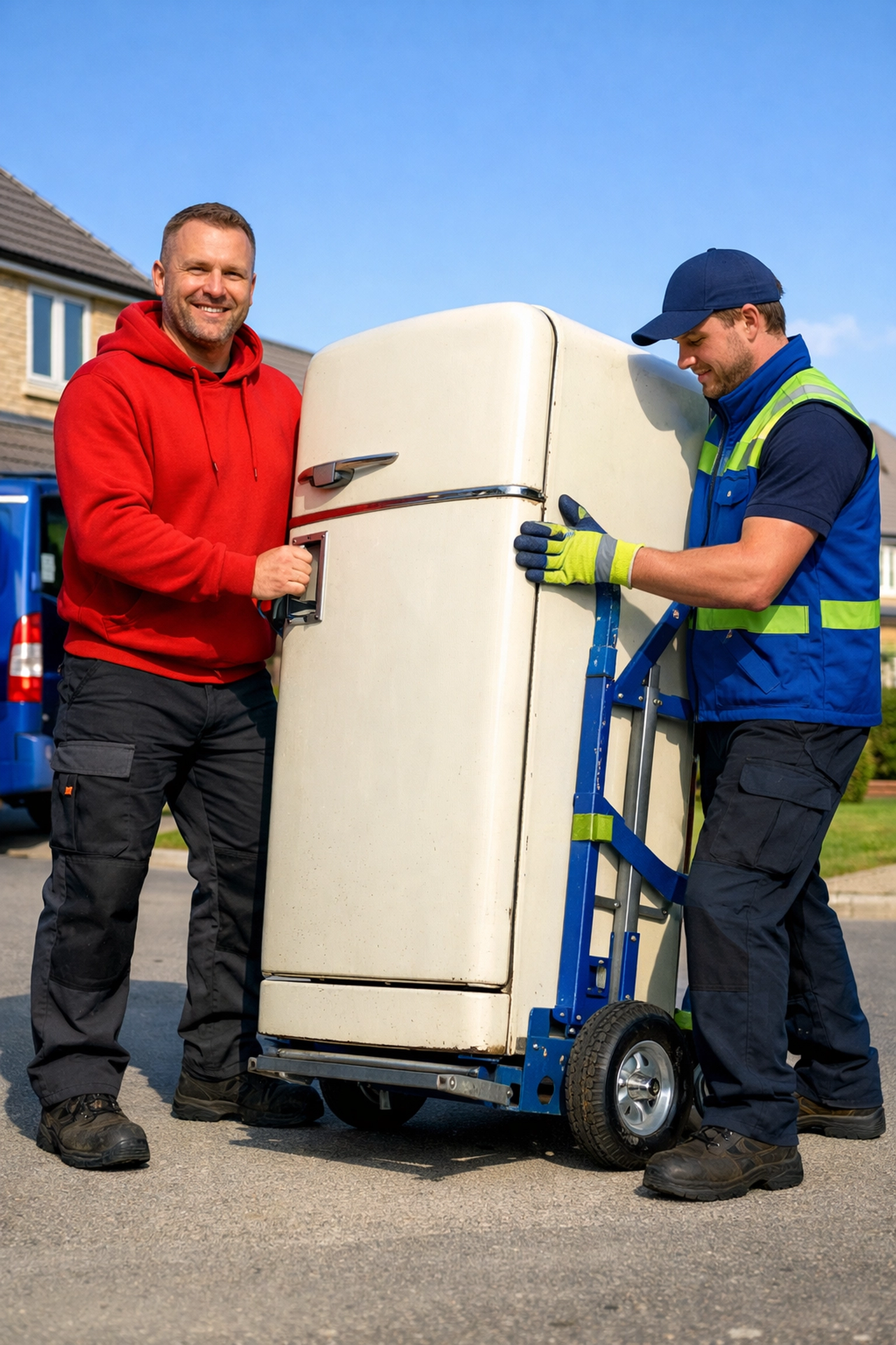 Junk GTA team performing specialty appliance removal in Bradford, moving a heavy refrigerator on a dolly.