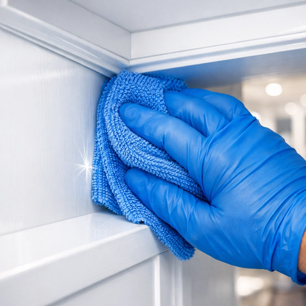 Professional hand-wiping a white cabinet corner for thorough apartment cleaning in Boston.