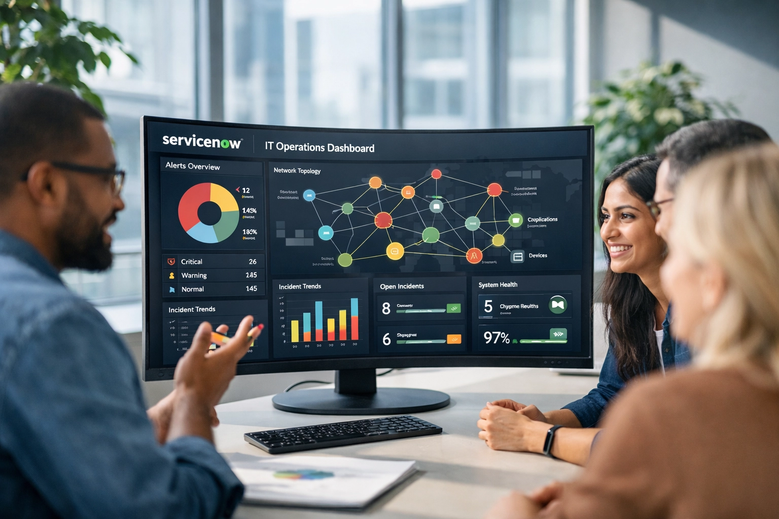 ServiceNow implementation partner team reviewing ITOM dashboard for DORA compliance strategy