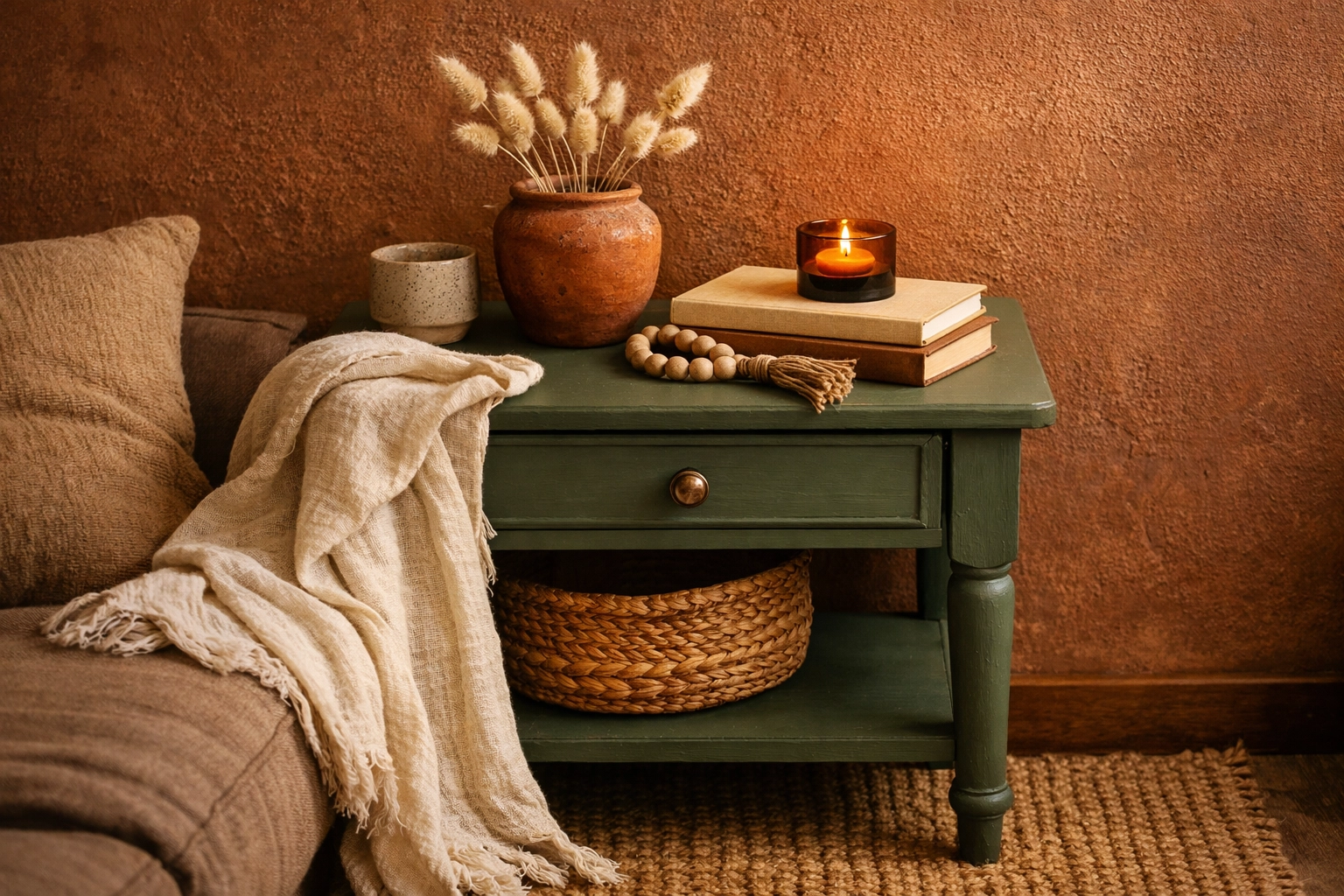 Sage green accent table in a living room with earthy textures and sun-baked neutral colors.