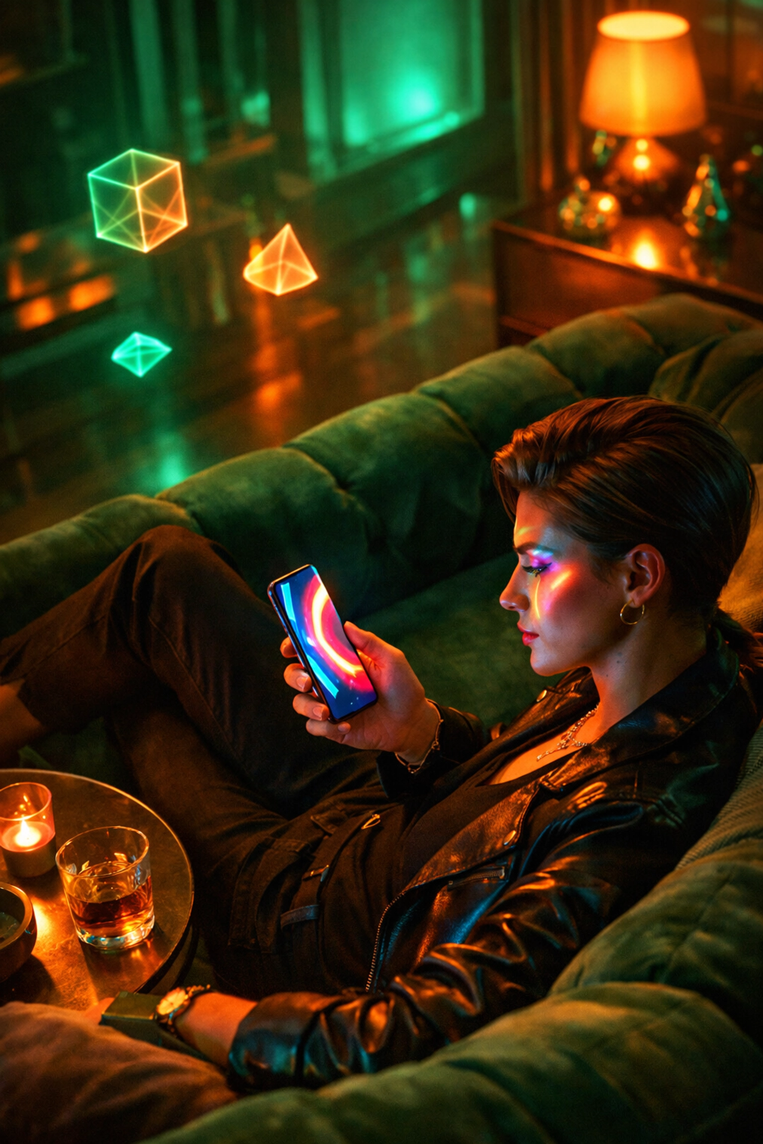 Person using a glowing smartphone for dating app vetting in a neon-lit futuristic apartment.
