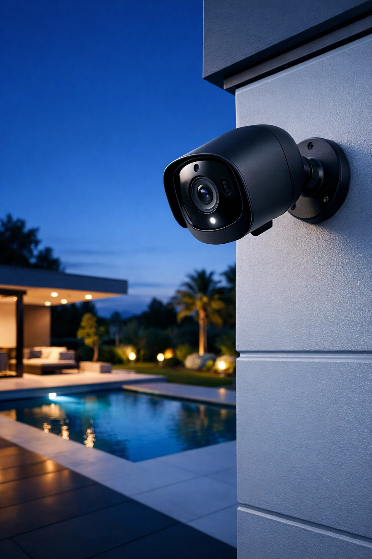 Black smart security camera mounted on a modern exterior wall for home surveillance.