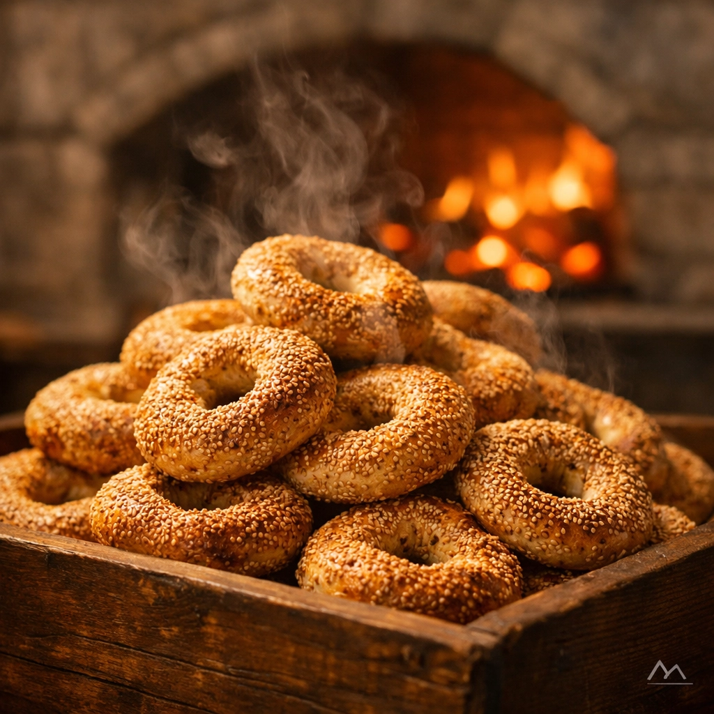 A mountain of fresh wood-fired Montreal sesame bagels with steam rising in a local bakery.