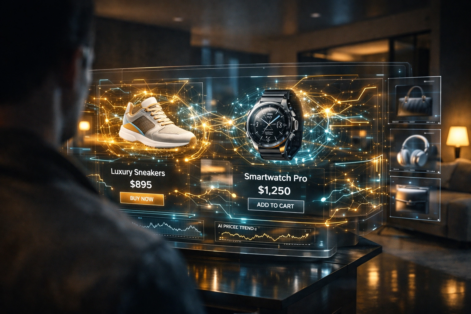 Larecoin AI-driven shopping interface featuring luxury items and smart crypto payment data.