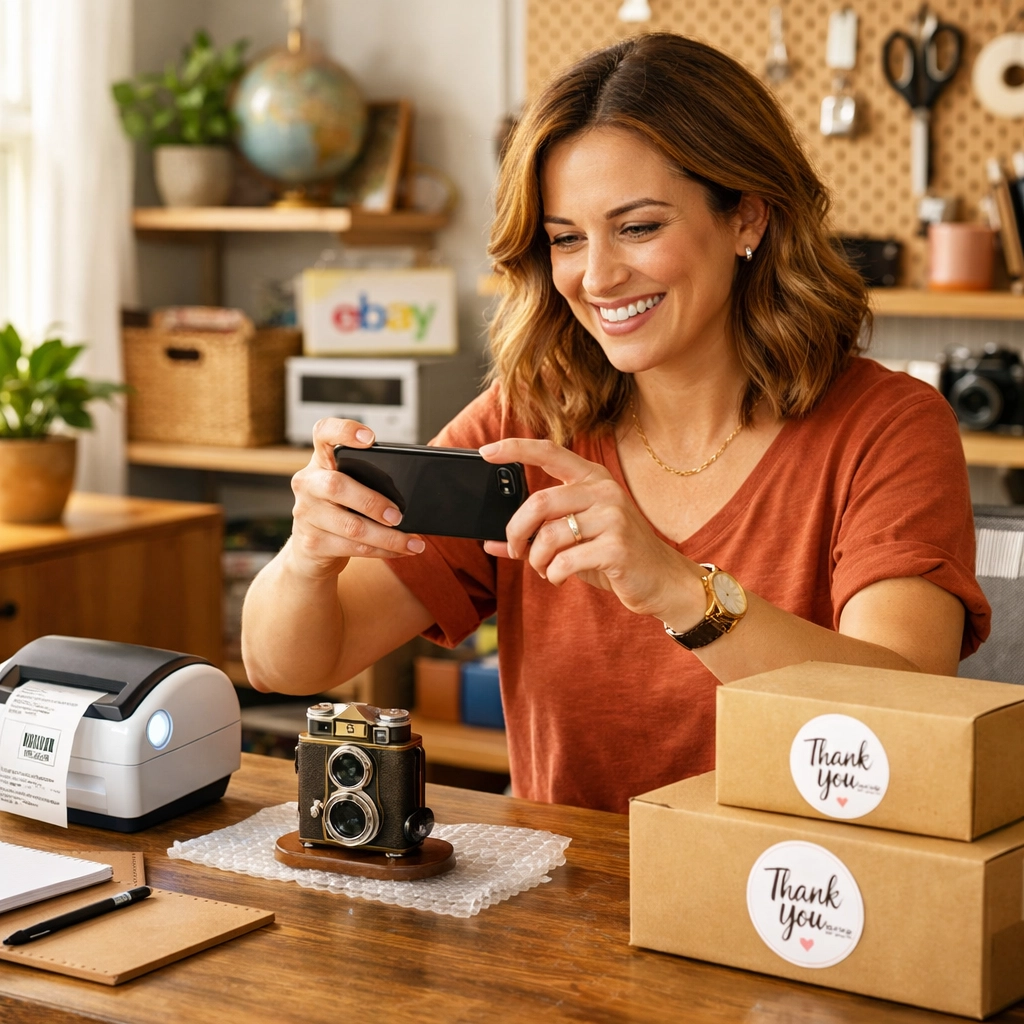 A reseller taking photos of inventory with a smartphone for her eBay shop in an organized home office.