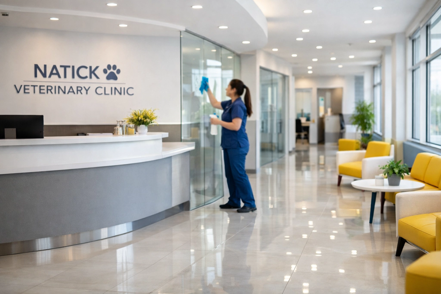 Clean and hygienic veterinary clinic lobby in Natick with polished floors and professional decor.