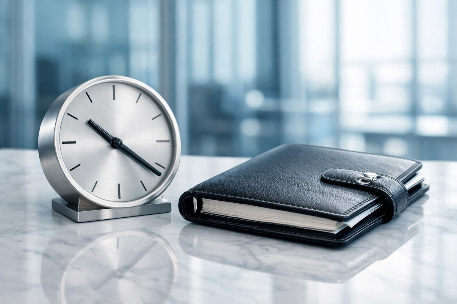 Silver desk clock and planner representing timely working capital loan payments and cash flow management.