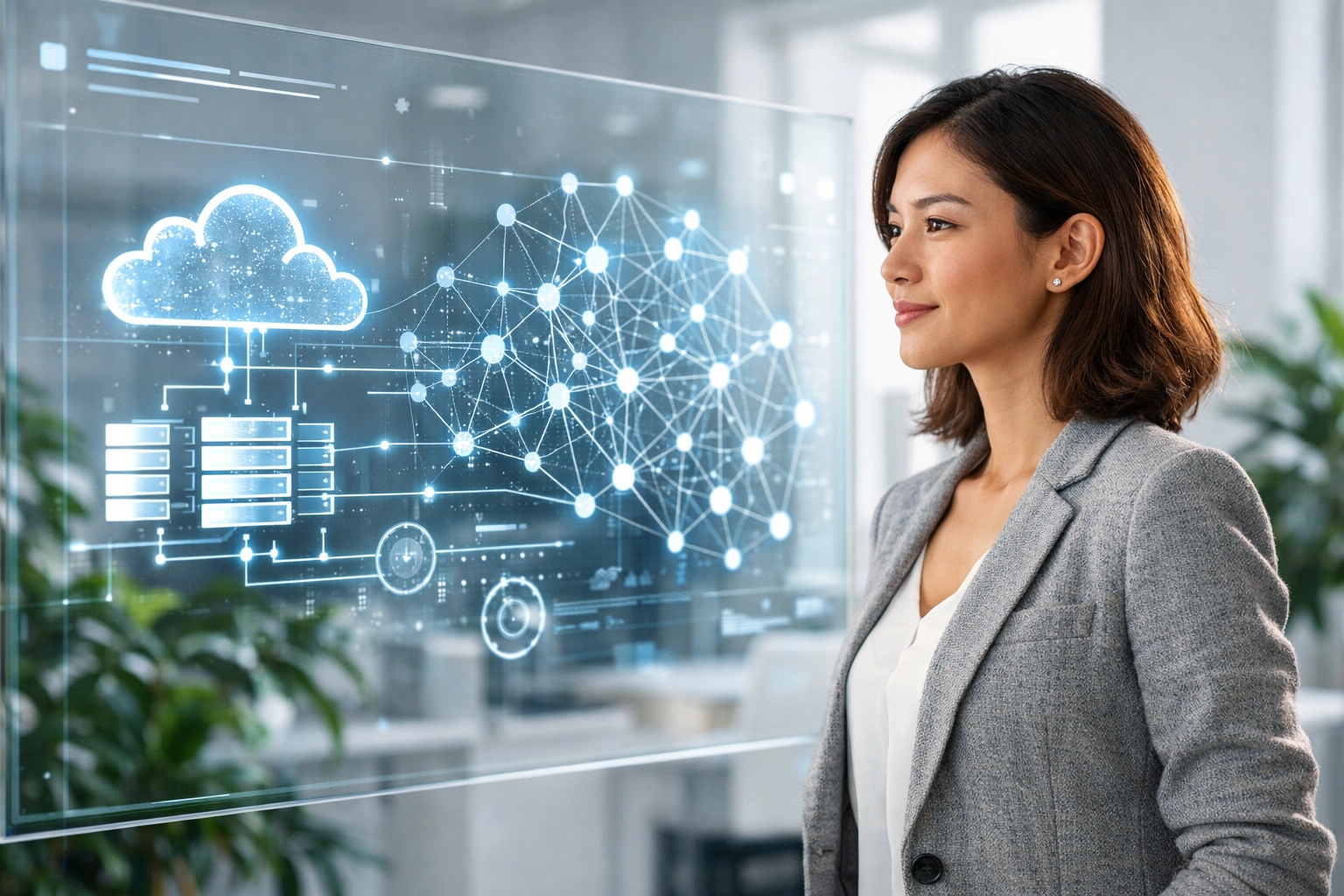 A tech professional analyzing cloud architecture and AI neural networks for data-driven business solutions.