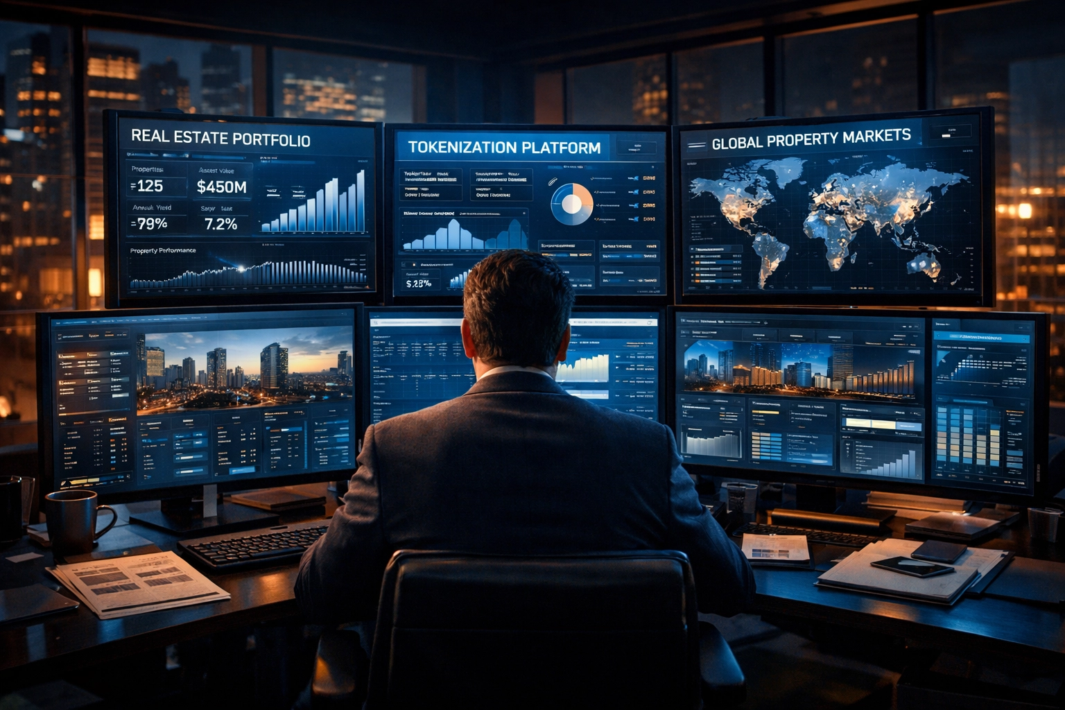Fund manager monitoring tokenized real estate portfolio on institutional trading platform