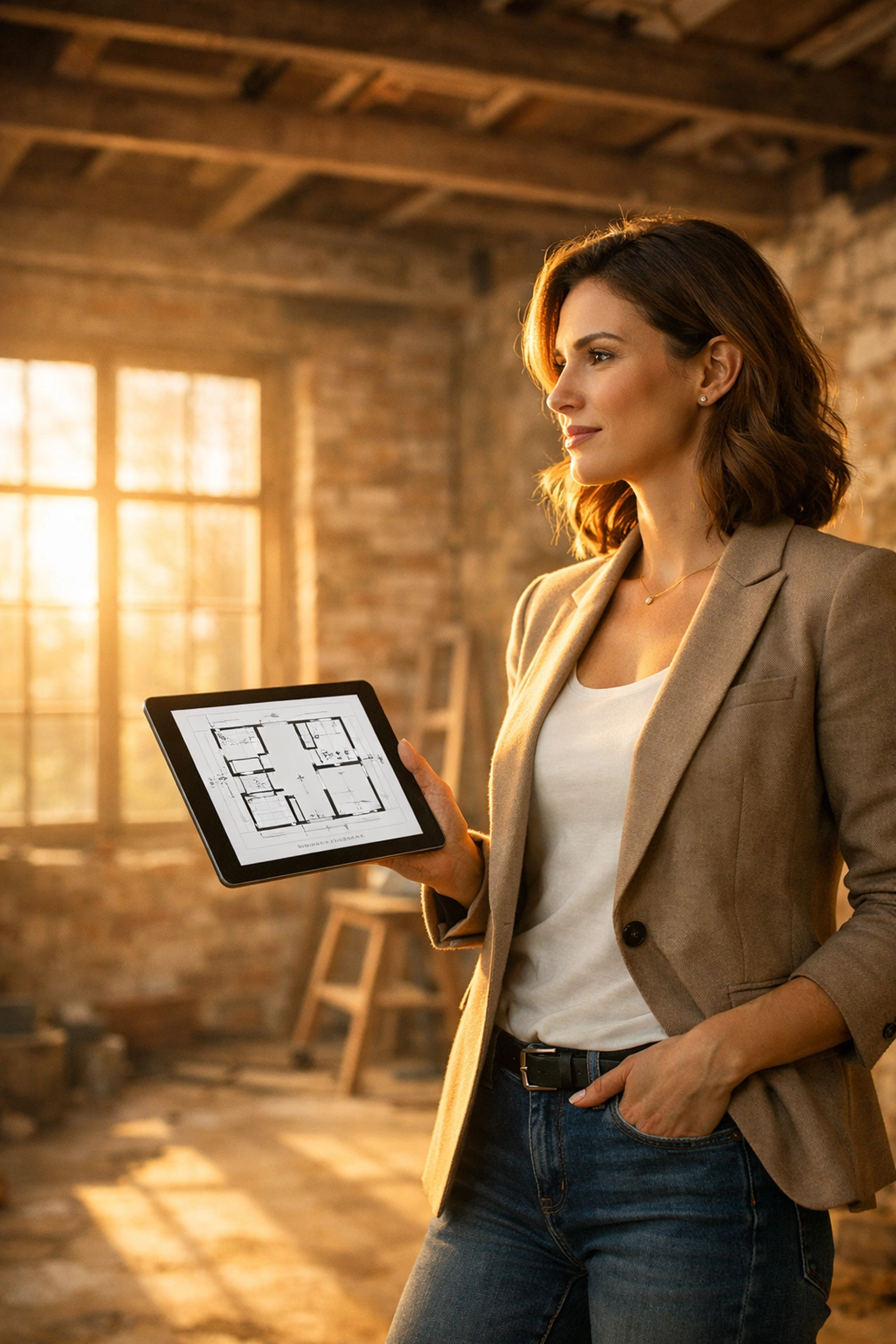 A woman planning a house flip inside a sun-drenched fixer-upper with architectural plans.
