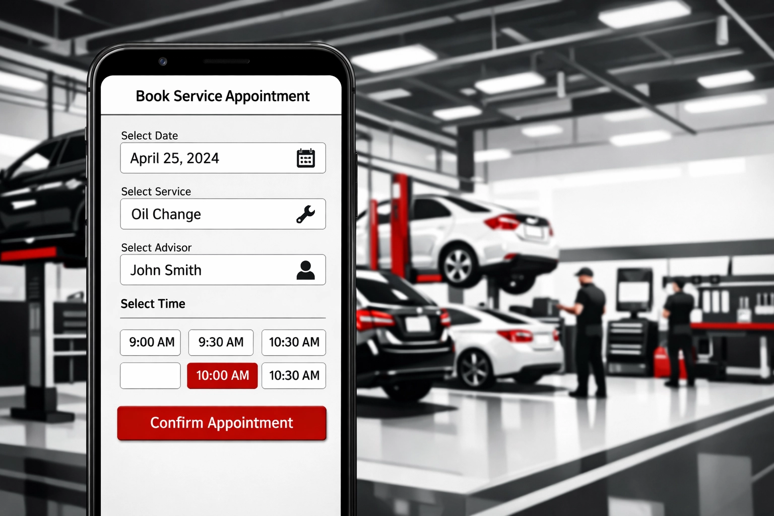 AI-powered appointment booking interface scheduling dealership recall service on smartphone