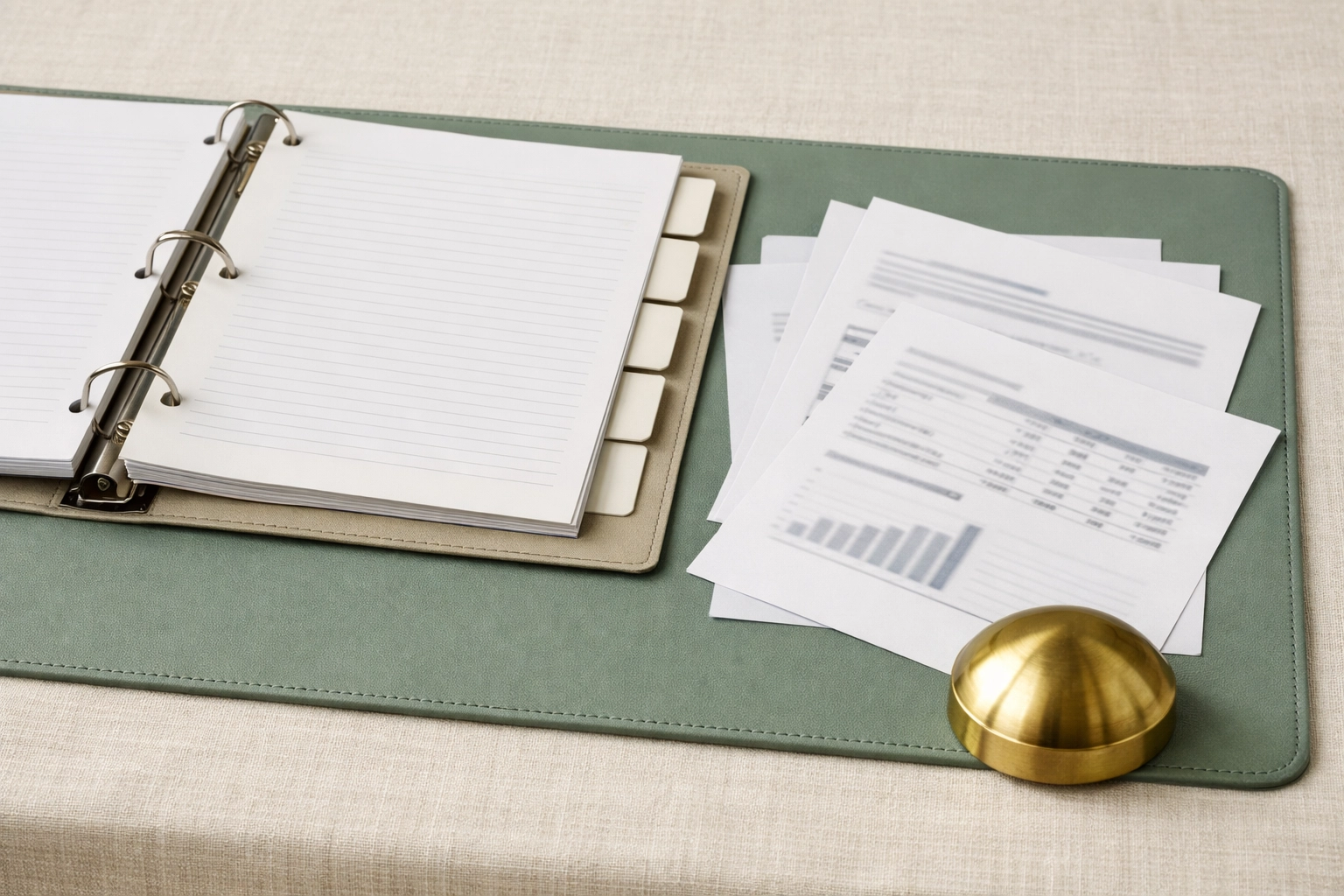 Organized binder and financial disclosure documents on a Business Boho desk in terracotta, sage, and cream tones with organic textures.