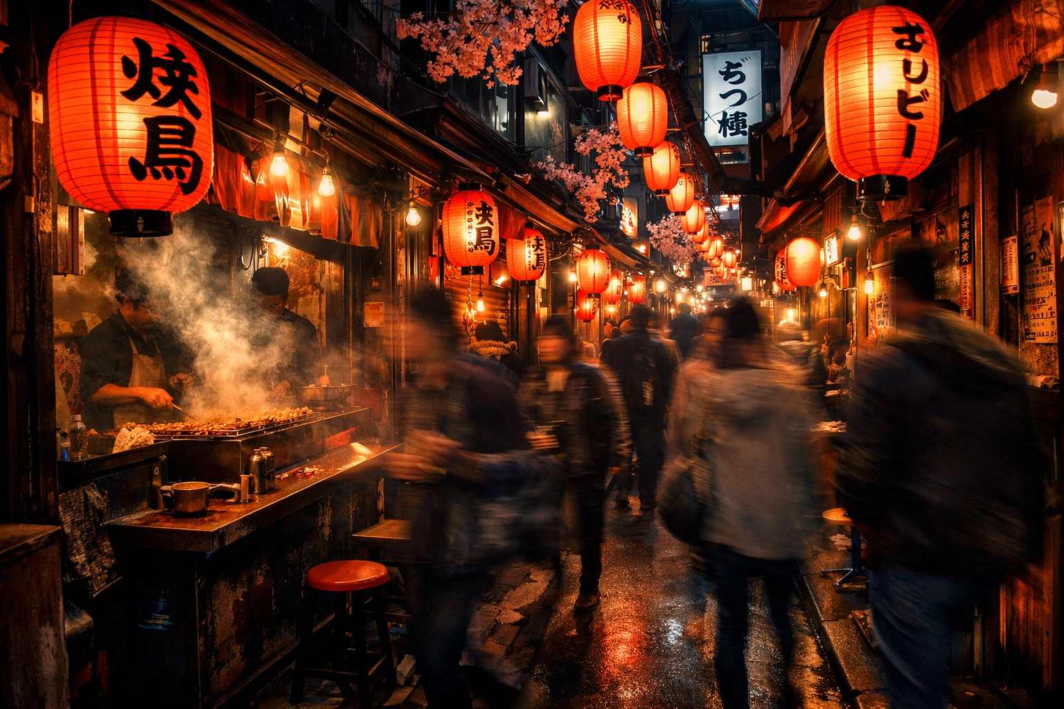 Atmospheric red lanterns and steam from yakitori grills in Shinjuku's Memory Lane at night in Tokyo.