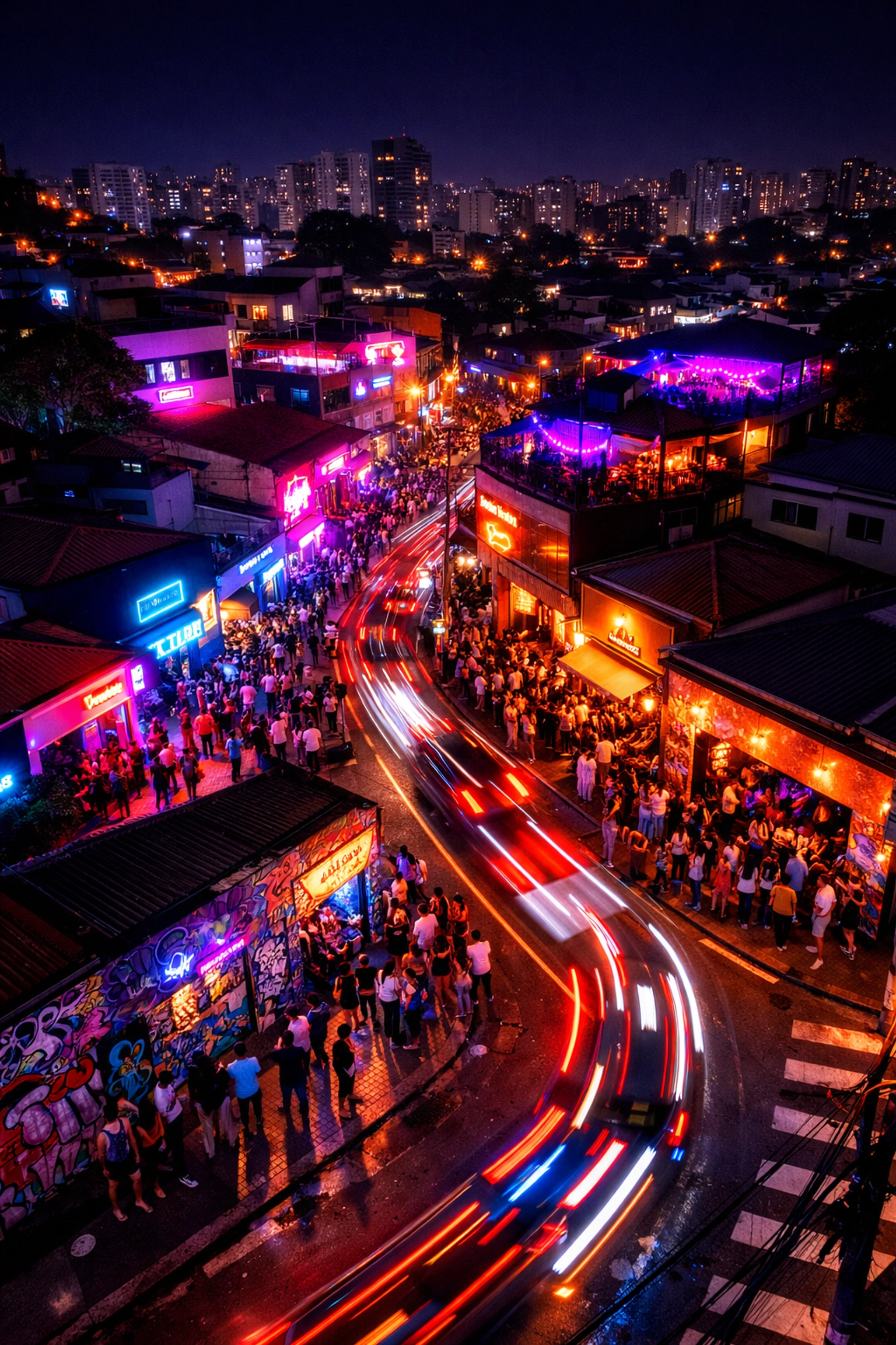 São Paulo Vila Madalena nightlife district with neon-lit clubs and bustling streets