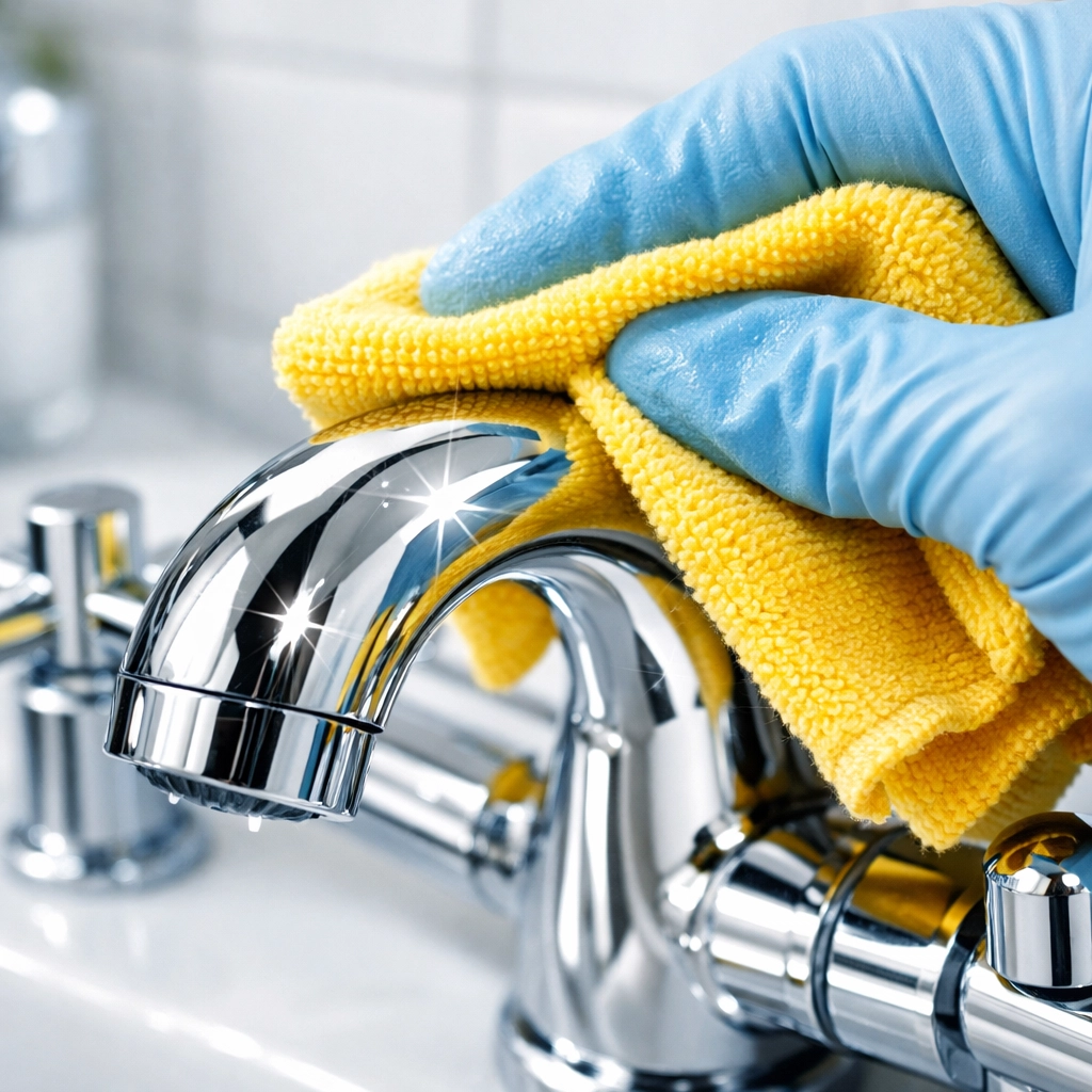 Detailed cleaning of a chrome bathroom faucet by a professional house cleaning service in Waterloo, Iowa.