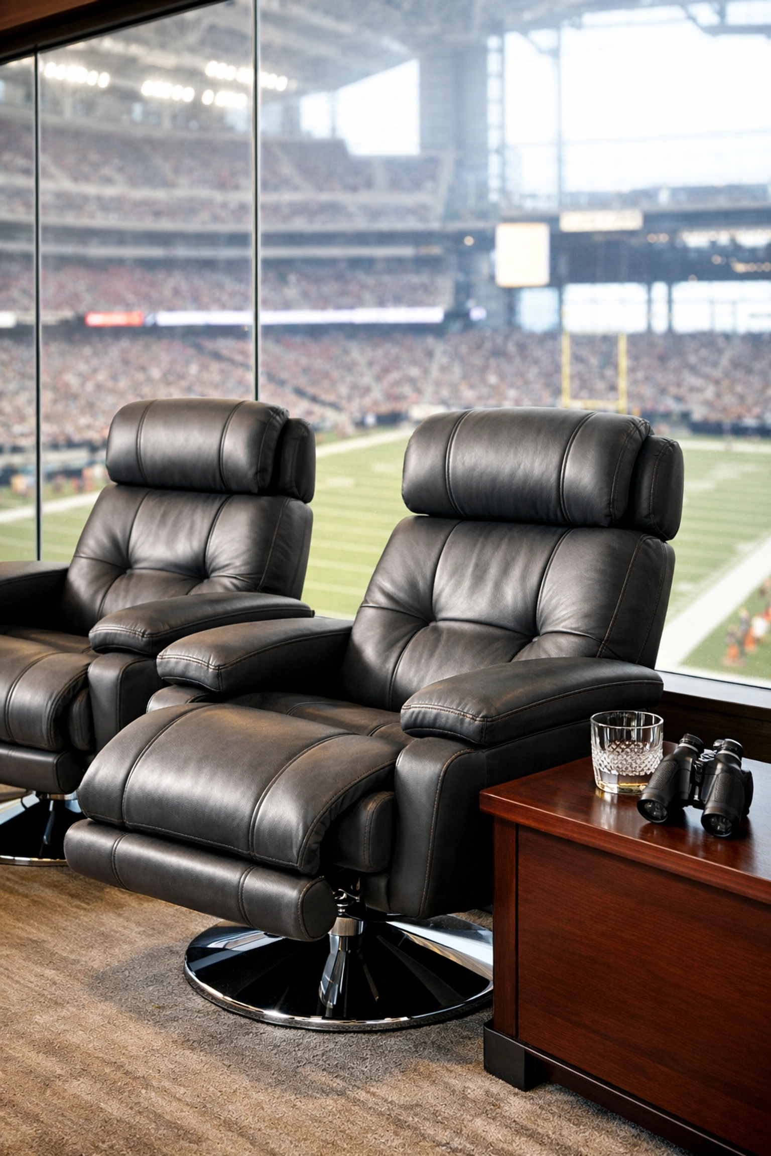 Luxury Super Bowl stadium suite with ergonomic leather executive seating and field view.