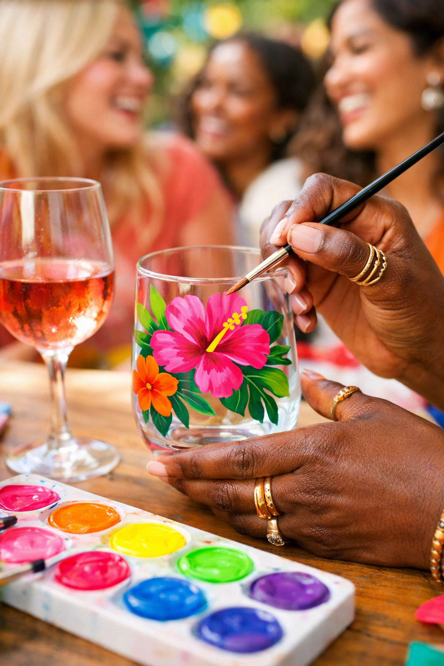 Creative paint and sip birthday party activity with glass painting and drinks in the DMV.